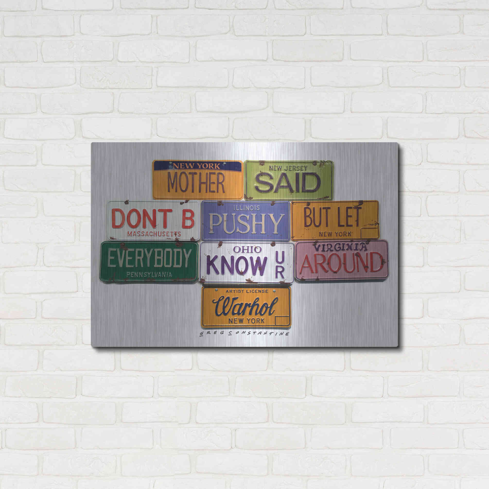 Luxe Metal Art 'Warhol Don't B Pushy' by Gregory Constantine, Metal Wall Art,36x24