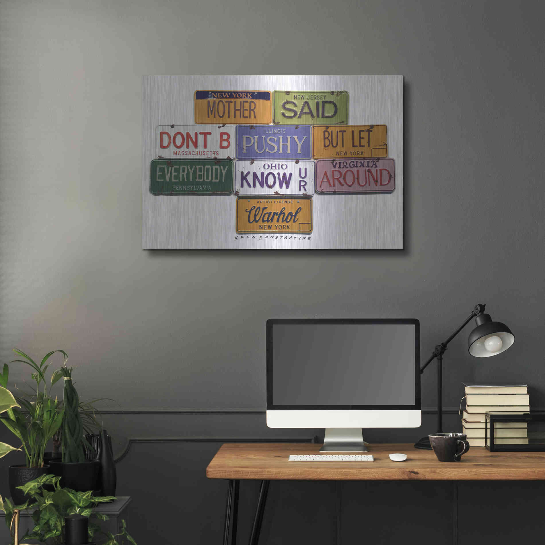 Luxe Metal Art 'Warhol Don't B Pushy' by Gregory Constantine, Metal Wall Art,36x24