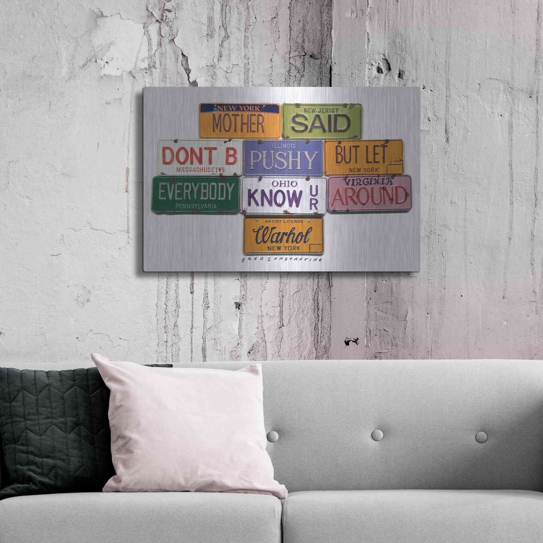 Luxe Metal Art 'Warhol Don't B Pushy' by Gregory Constantine, Metal Wall Art,36x24