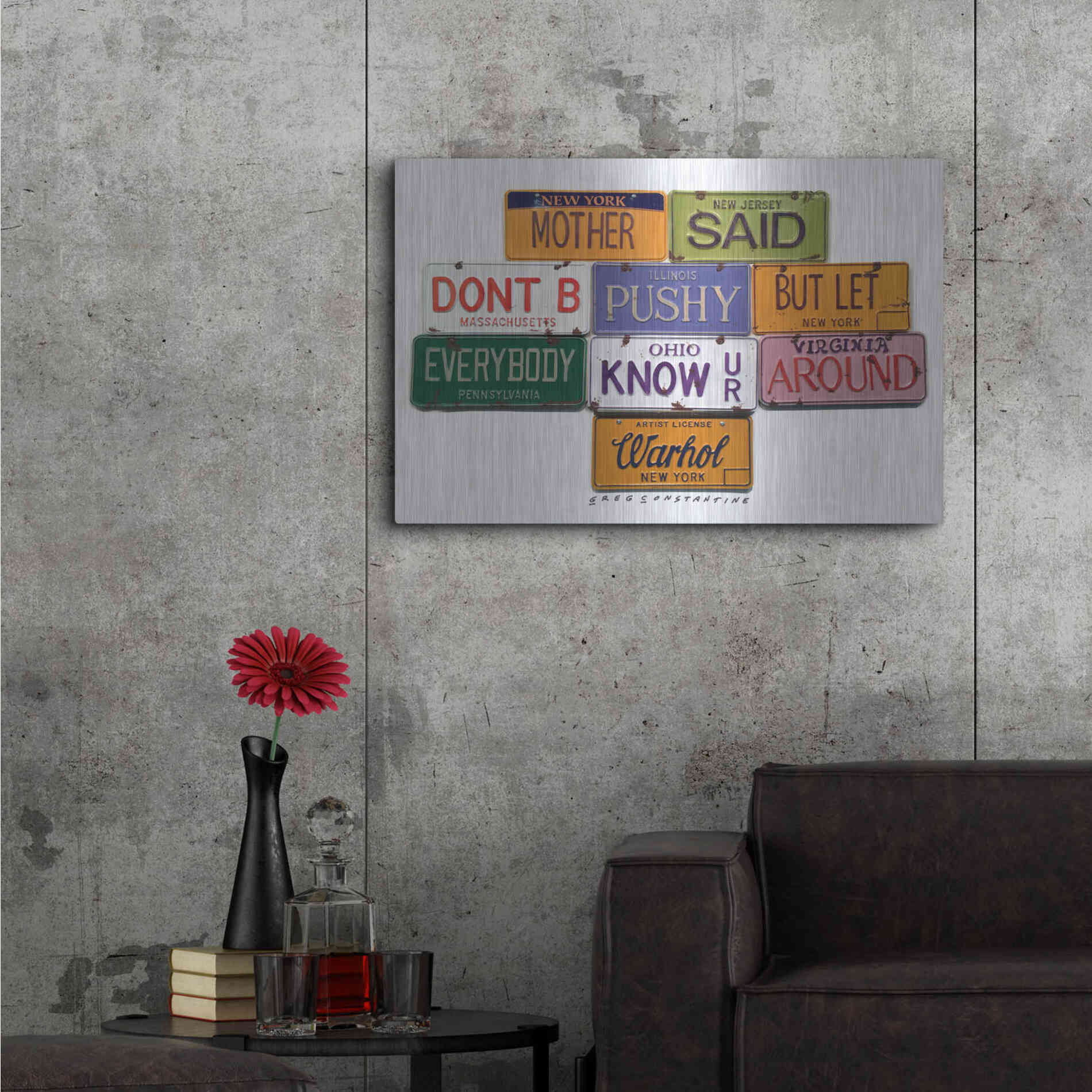 Luxe Metal Art 'Warhol Don't B Pushy' by Gregory Constantine, Metal Wall Art,36x24