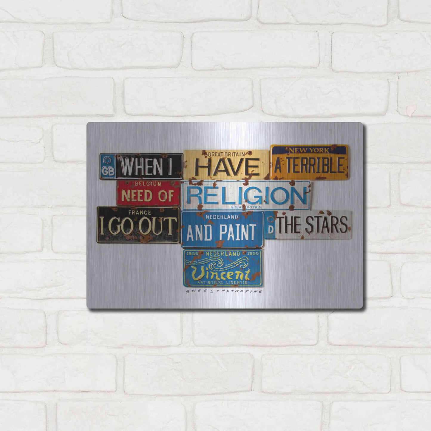 Luxe Metal Art 'Vincent Need Religion' by Gregory Constantine, Metal Wall Art,16x12