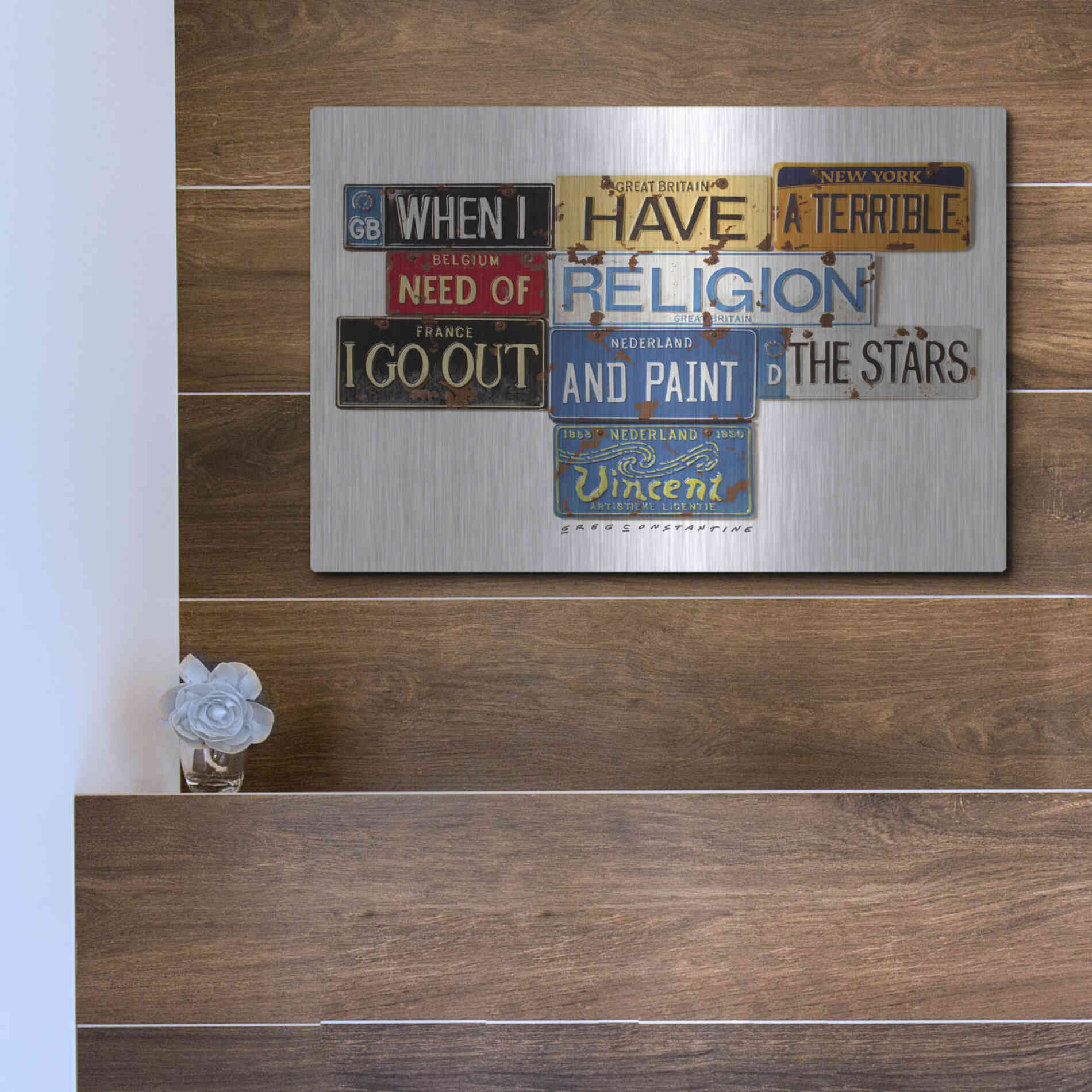 Luxe Metal Art 'Vincent Need Religion' by Gregory Constantine, Metal Wall Art,16x12