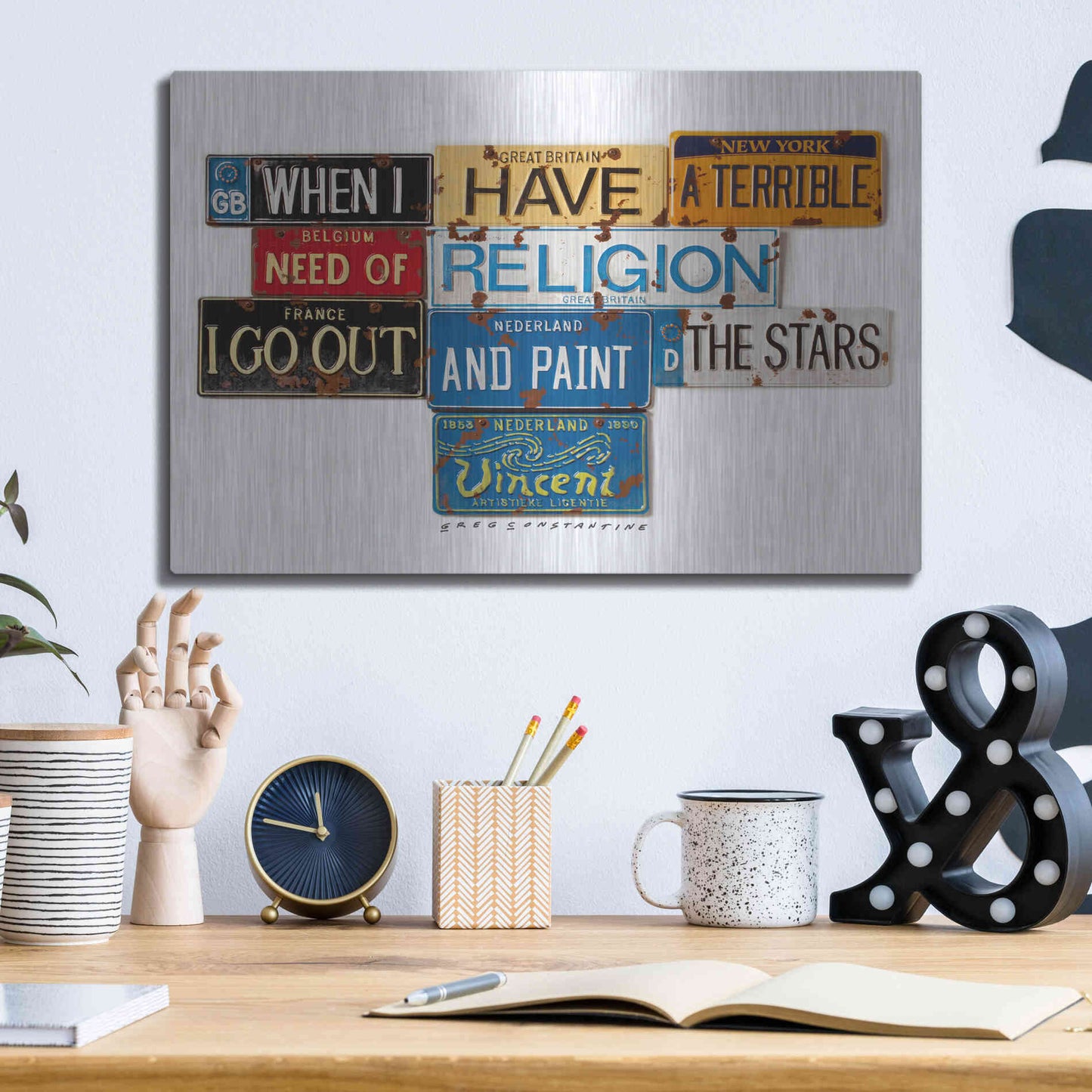 Luxe Metal Art 'Vincent Need Religion' by Gregory Constantine, Metal Wall Art,16x12