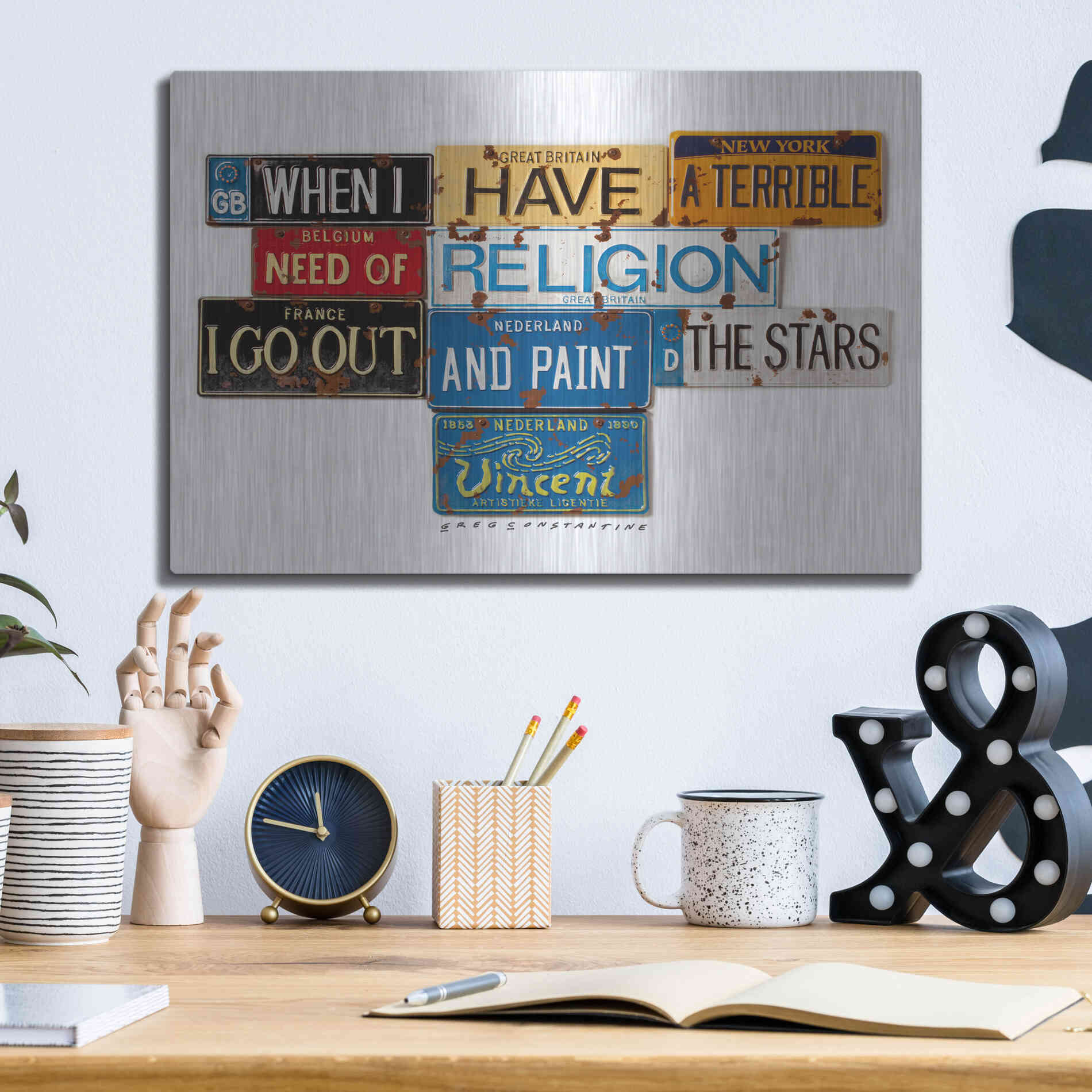 Luxe Metal Art 'Vincent Need Religion' by Gregory Constantine, Metal Wall Art,16x12