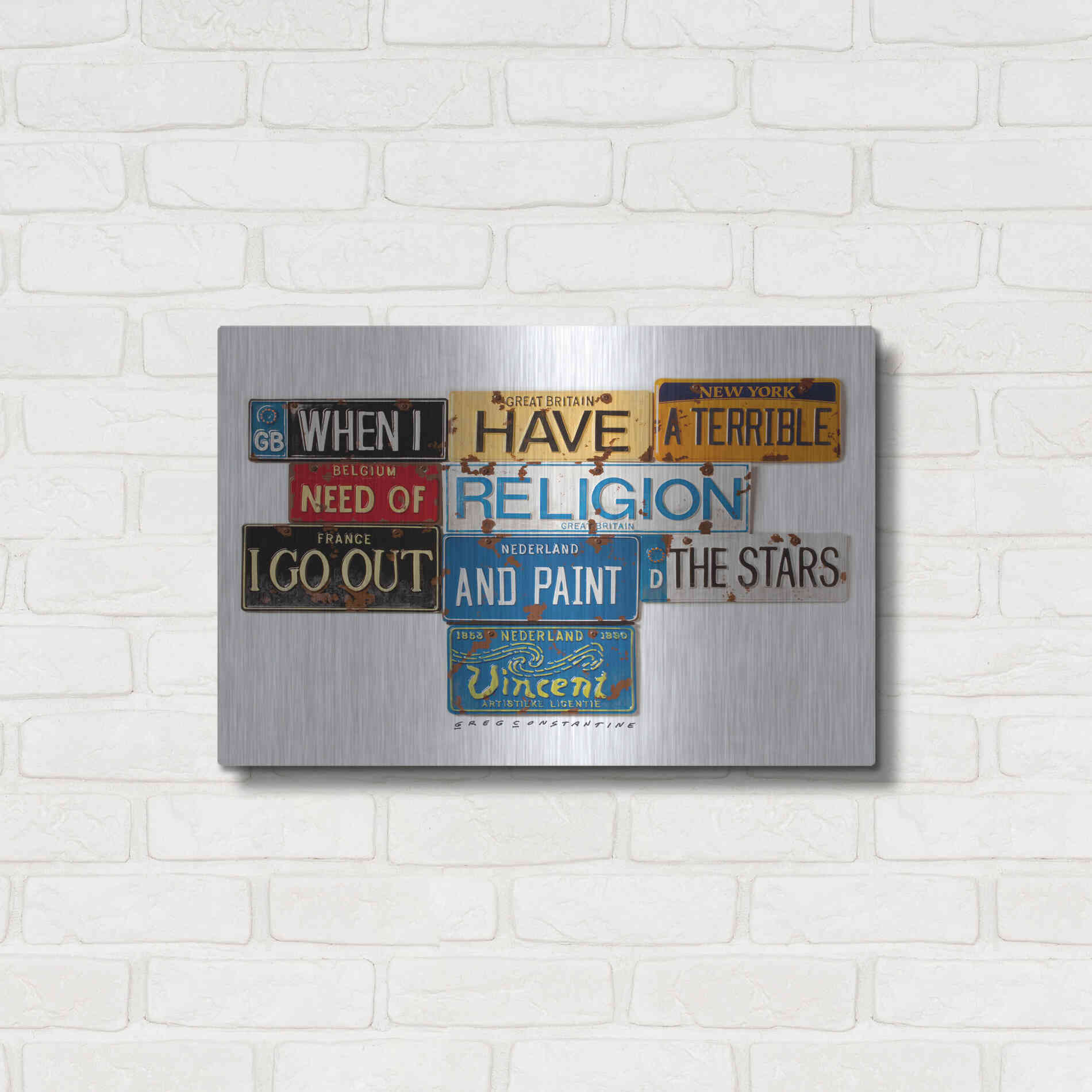Luxe Metal Art 'Vincent Need Religion' by Gregory Constantine, Metal Wall Art,24x16