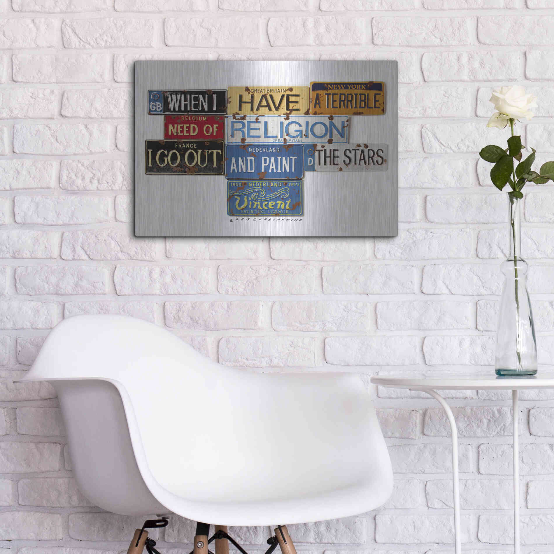 Luxe Metal Art 'Vincent Need Religion' by Gregory Constantine, Metal Wall Art,24x16