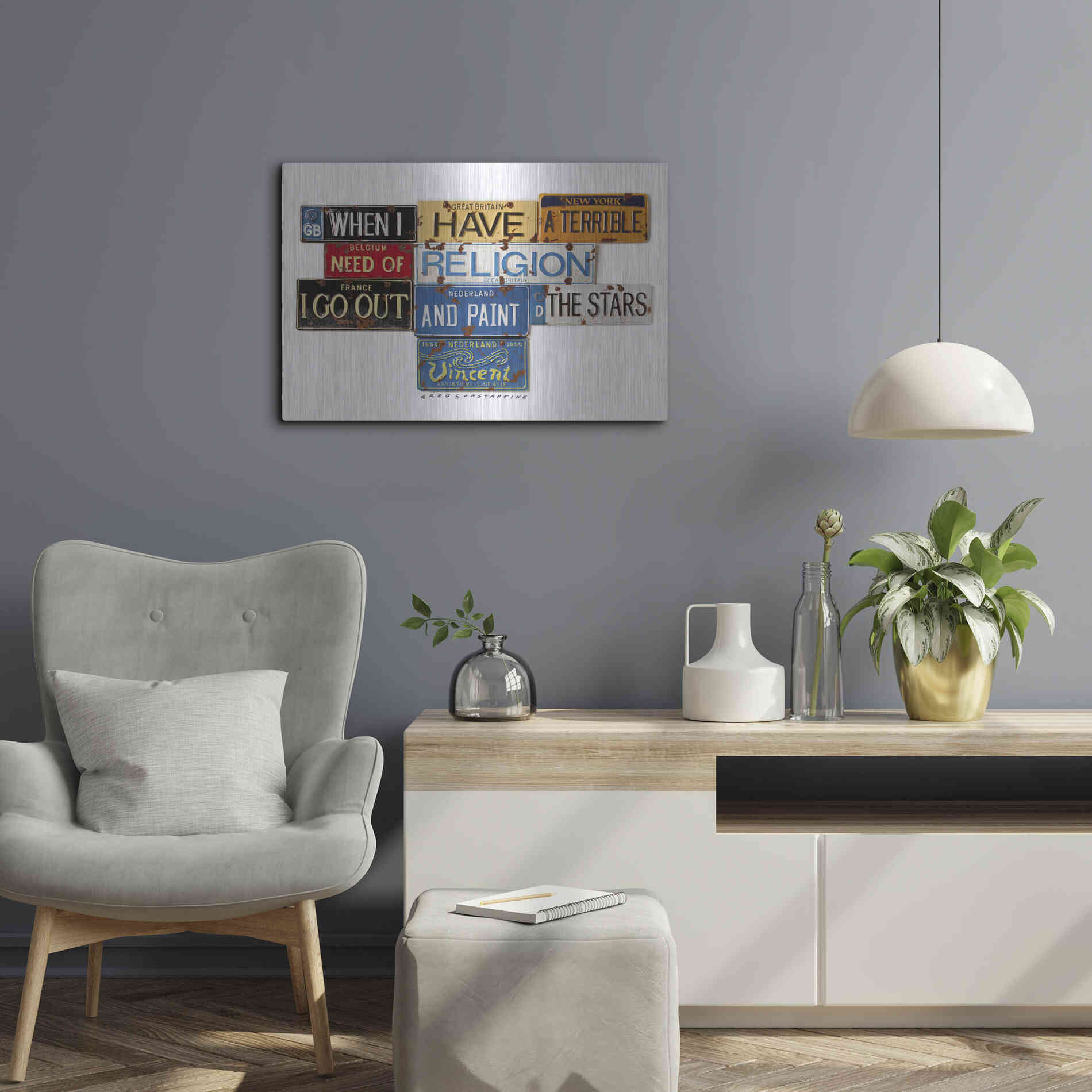 Luxe Metal Art 'Vincent Need Religion' by Gregory Constantine, Metal Wall Art,24x16