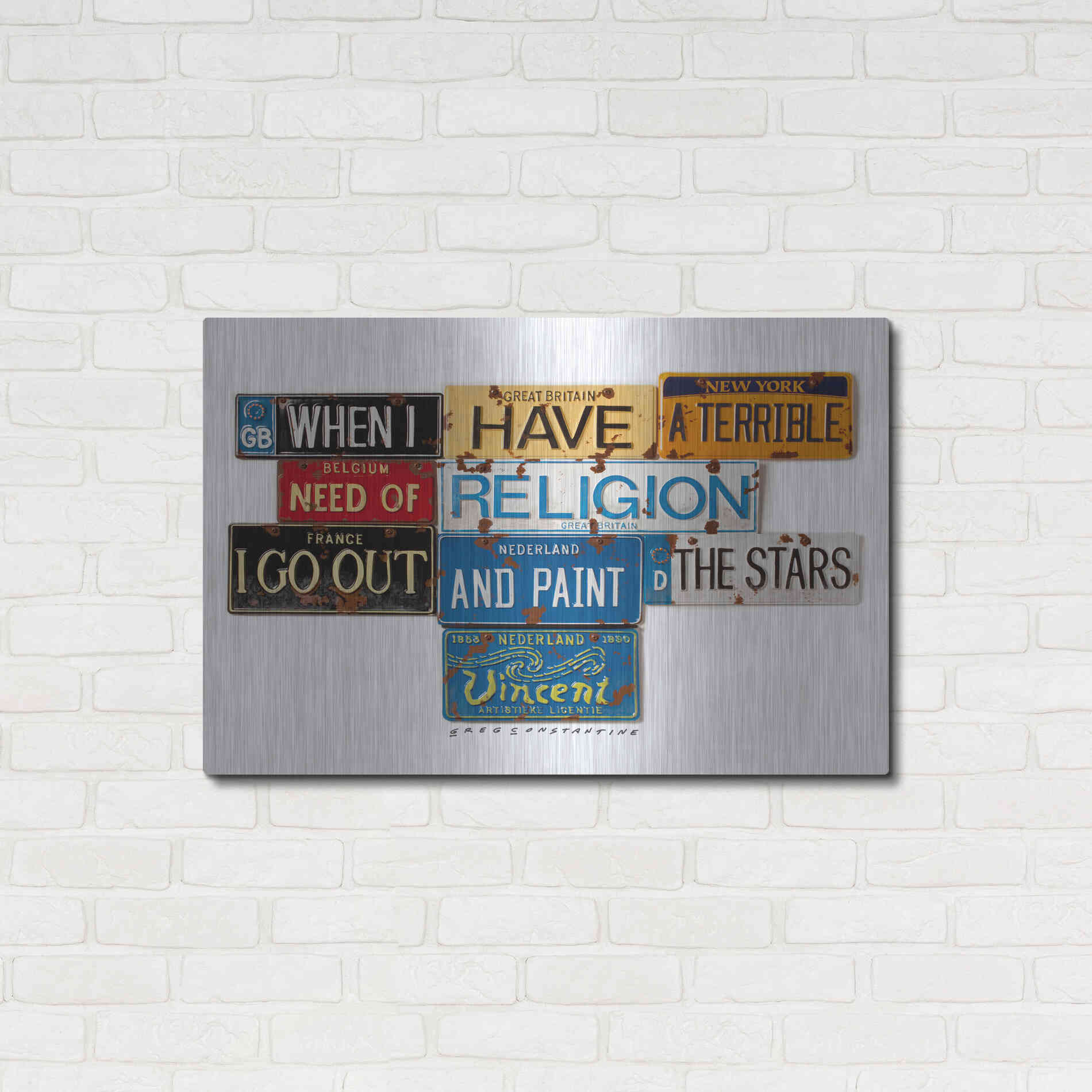 Luxe Metal Art 'Vincent Need Religion' by Gregory Constantine, Metal Wall Art,36x24