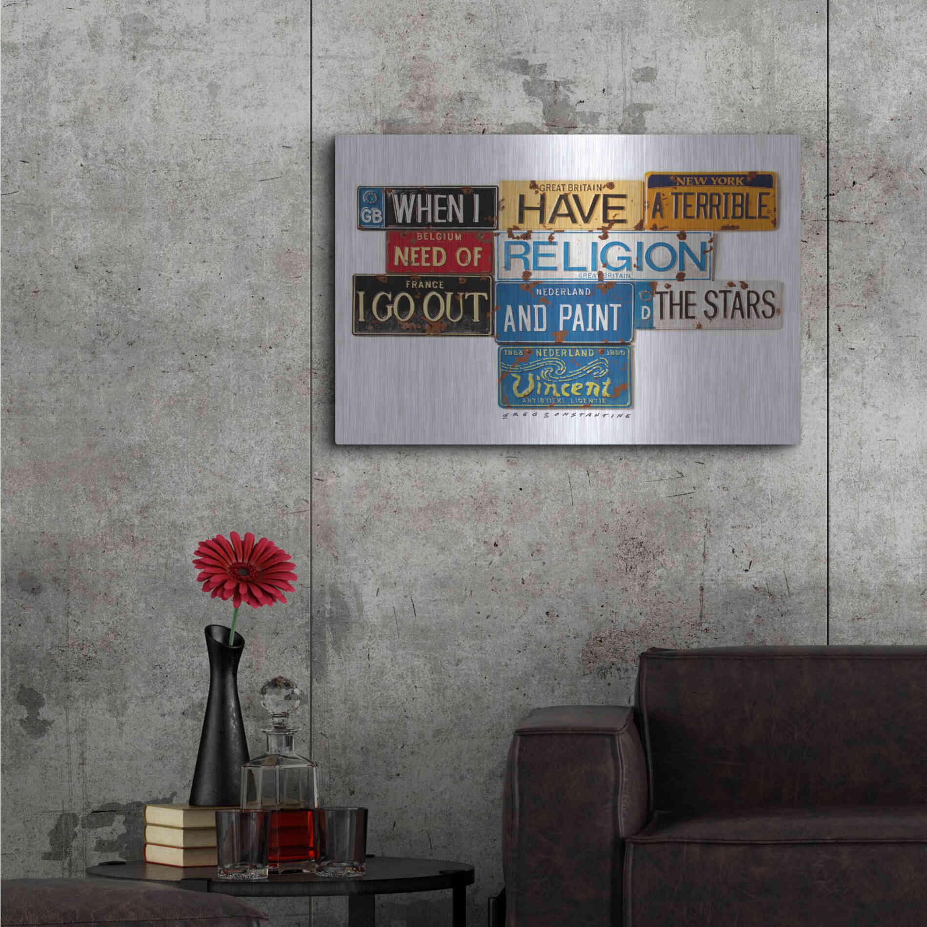 Luxe Metal Art 'Vincent Need Religion' by Gregory Constantine, Metal Wall Art,36x24