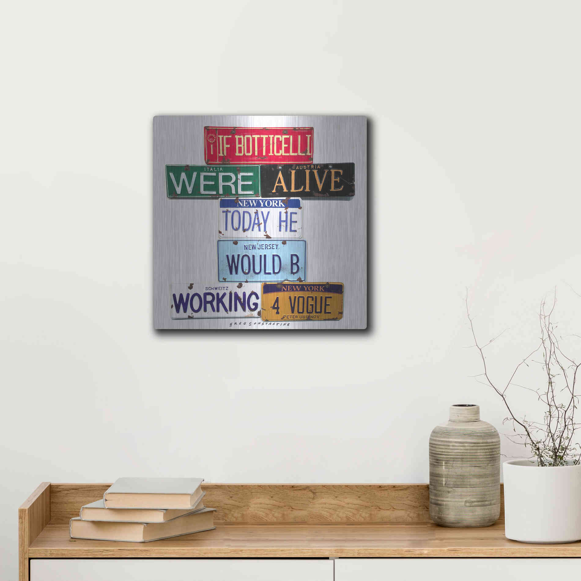Luxe Metal Art 'Ustinov Botticelli Working 4 Vogue' by Gregory Constantine, Metal Wall Art,12x12