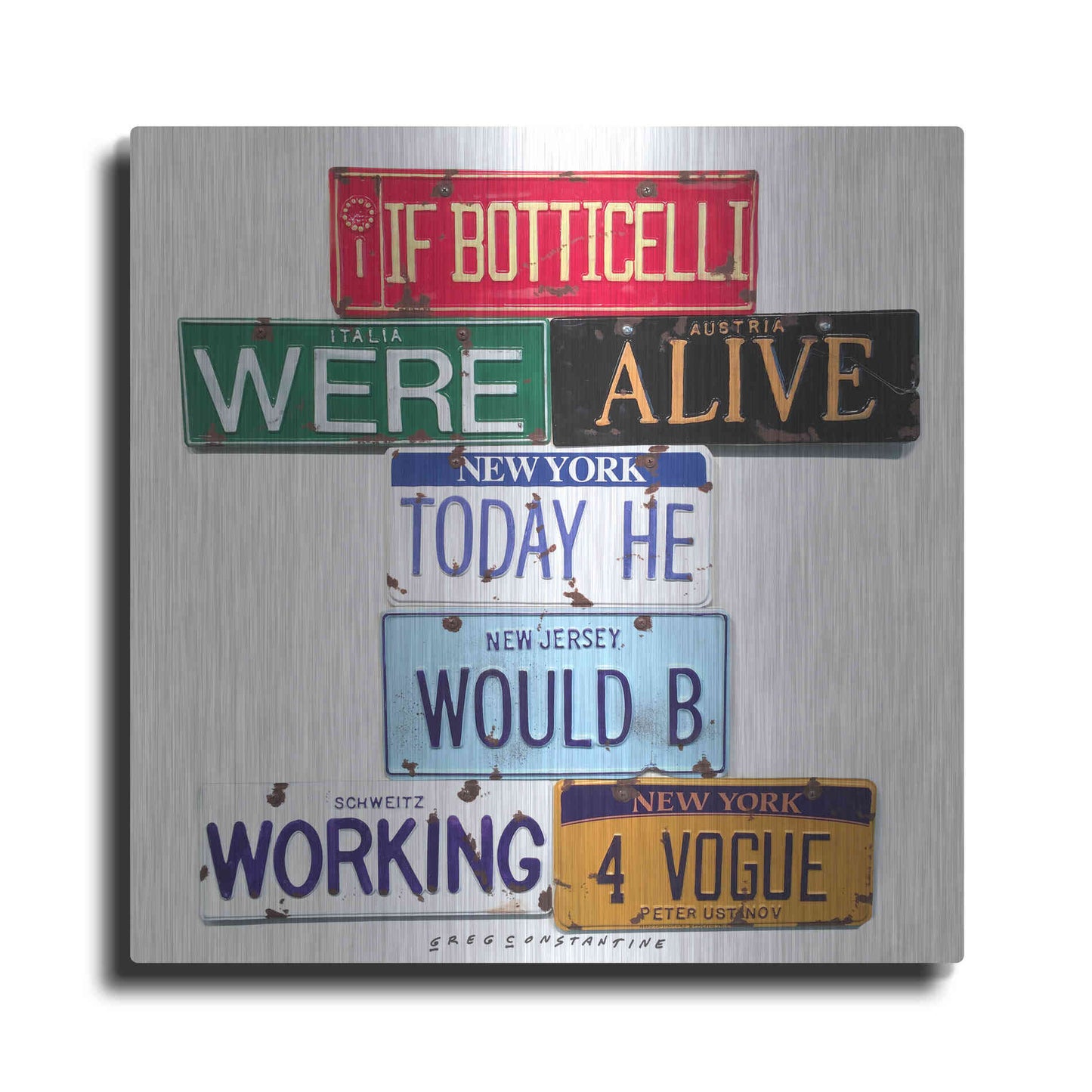 Luxe Metal Art 'Ustinov Botticelli Working 4 Vogue' by Gregory Constantine, Metal Wall Art