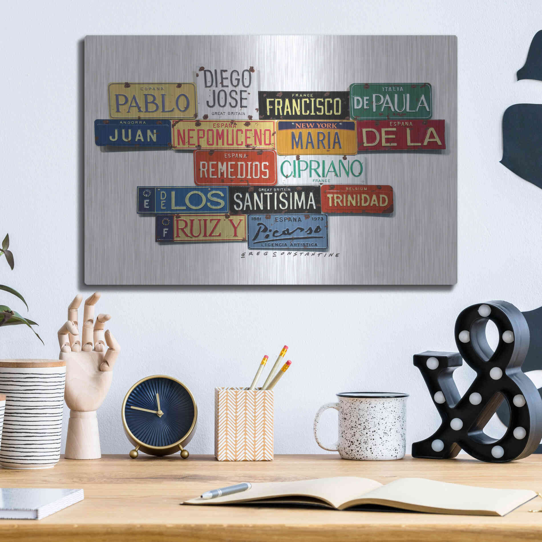 Luxe Metal Art 'Picasso Full Name' by Gregory Constantine, Metal Wall Art,16x12