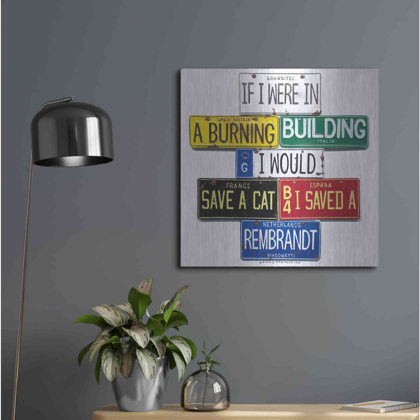 Luxe Metal Art 'Giacometti Save A Cat' by Gregory Constantine, Metal Wall Art,24x24