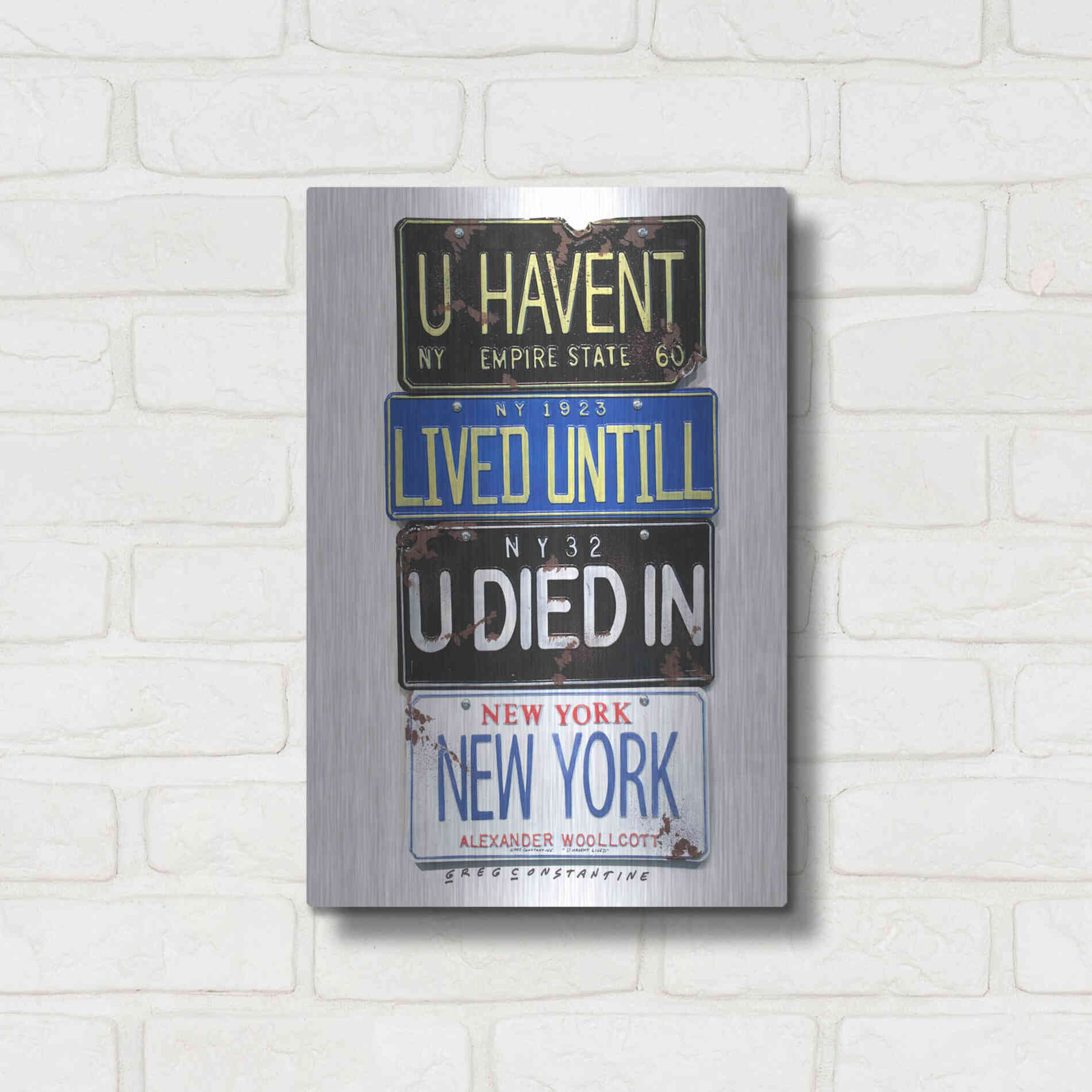 Luxe Metal Art 'Woolcott Died In NY' by Gregory Constantine, Metal Wall Art,12x16