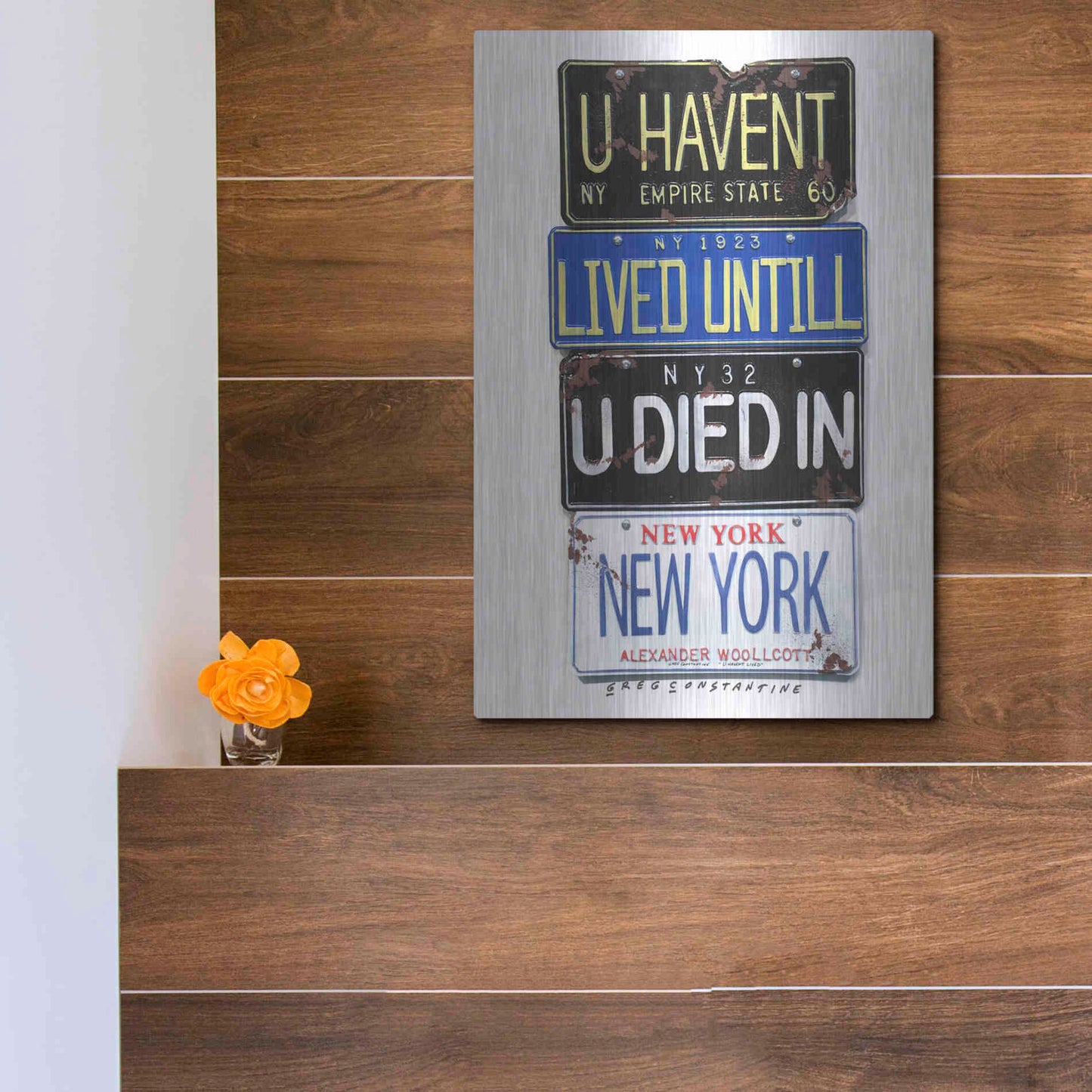 Luxe Metal Art 'Woolcott Died In NY' by Gregory Constantine, Metal Wall Art,12x16