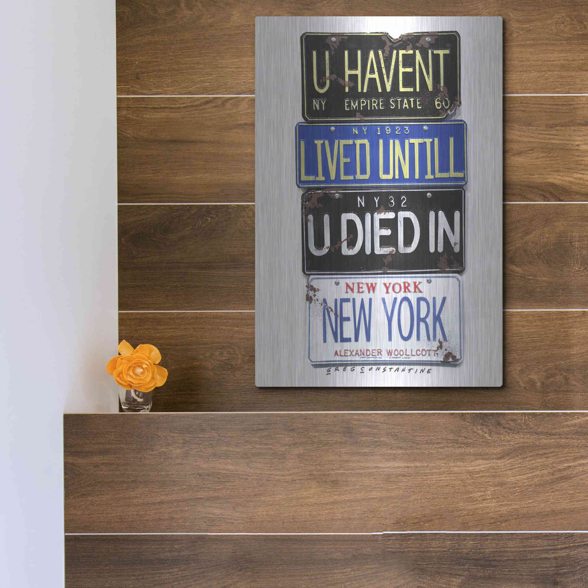 Luxe Metal Art 'Woolcott Died In NY' by Gregory Constantine, Metal Wall Art,12x16