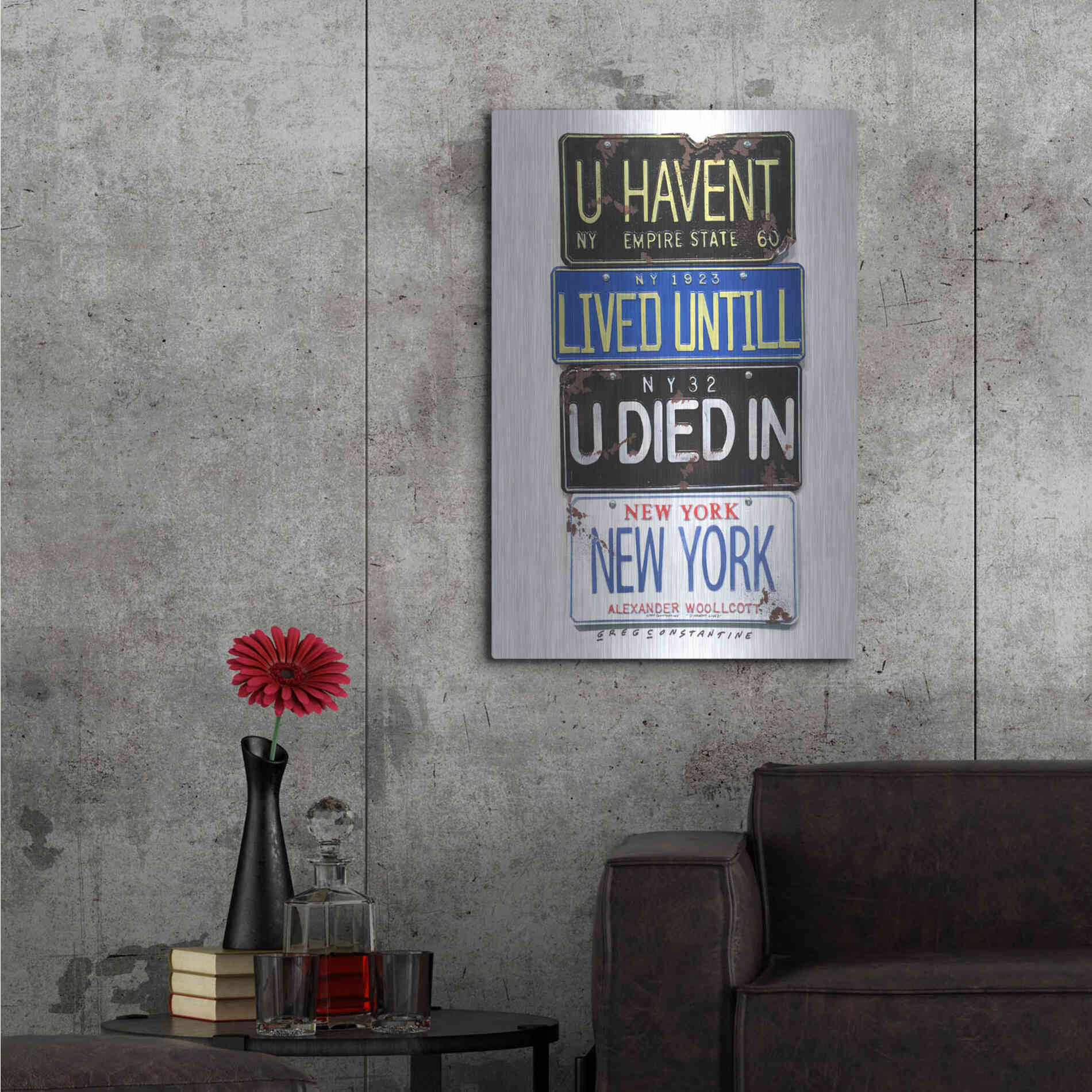 Luxe Metal Art 'Woolcott Died In NY' by Gregory Constantine, Metal Wall Art,24x36