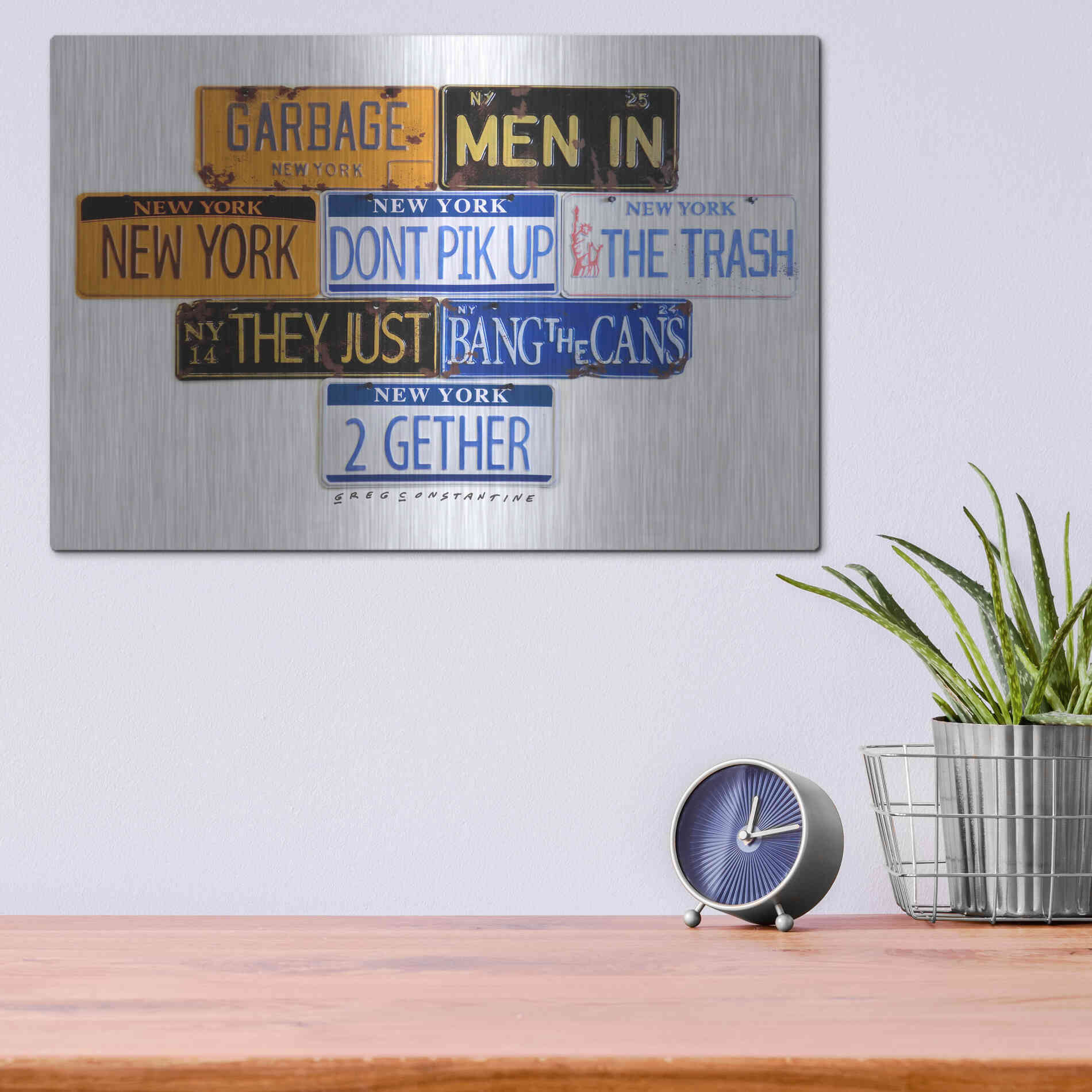 Luxe Metal Art 'Garbage Men In NY' by Gregory Constantine, Metal Wall Art,16x12