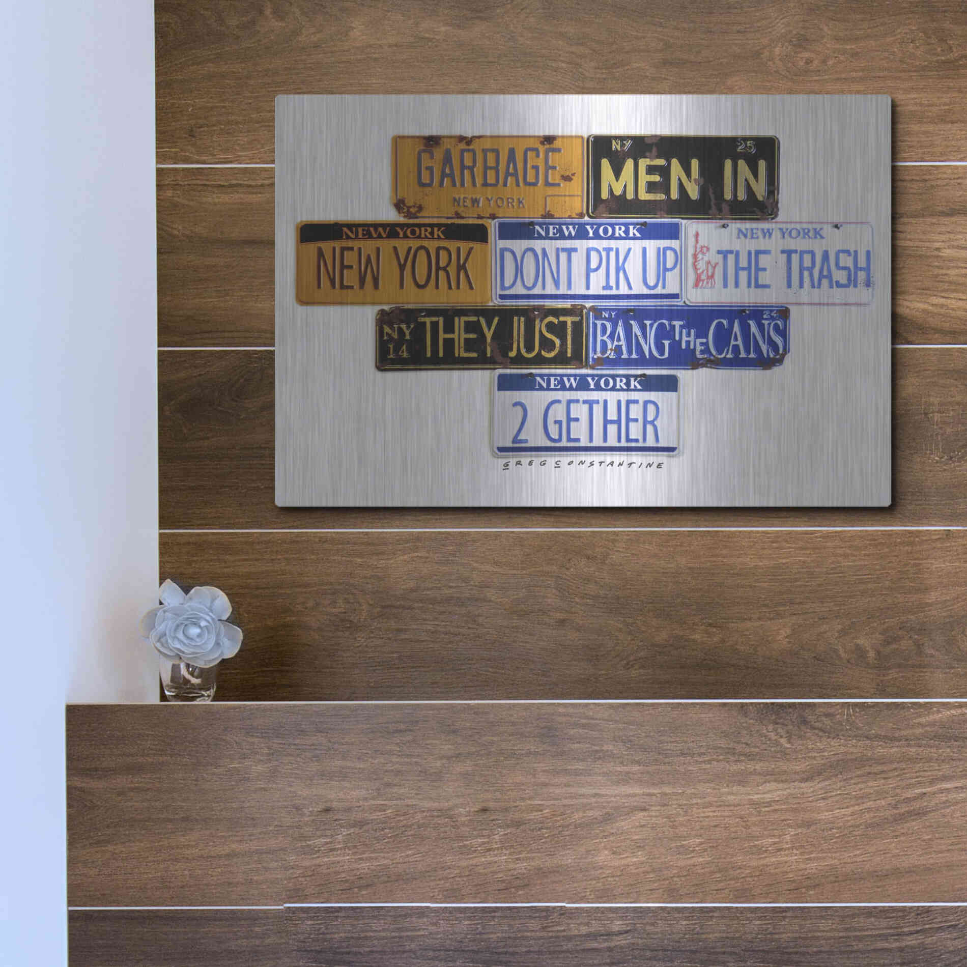 Luxe Metal Art 'Garbage Men In NY' by Gregory Constantine, Metal Wall Art,16x12