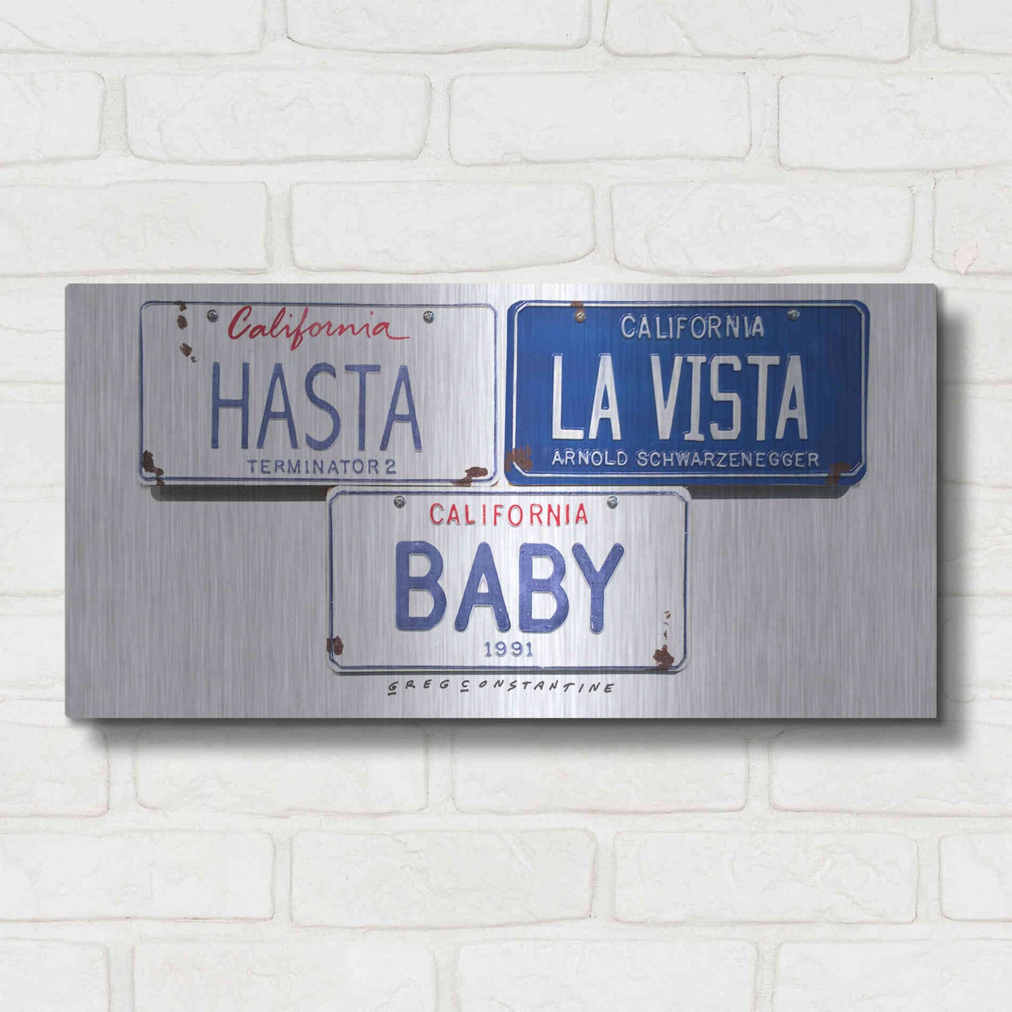 Luxe Metal Art 'Schwarzenneger Hasta La Vista' by Gregory Constantine, Metal Wall Art,24x12