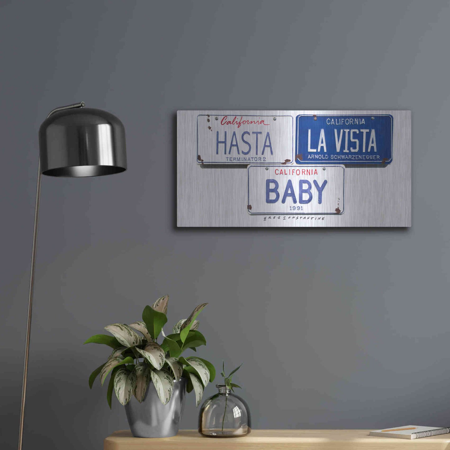 Luxe Metal Art 'Schwarzenneger Hasta La Vista' by Gregory Constantine, Metal Wall Art,24x12