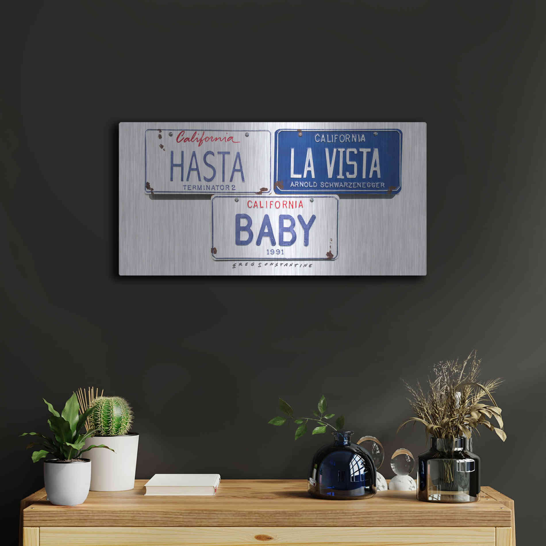Luxe Metal Art 'Schwarzenneger Hasta La Vista' by Gregory Constantine, Metal Wall Art,24x12