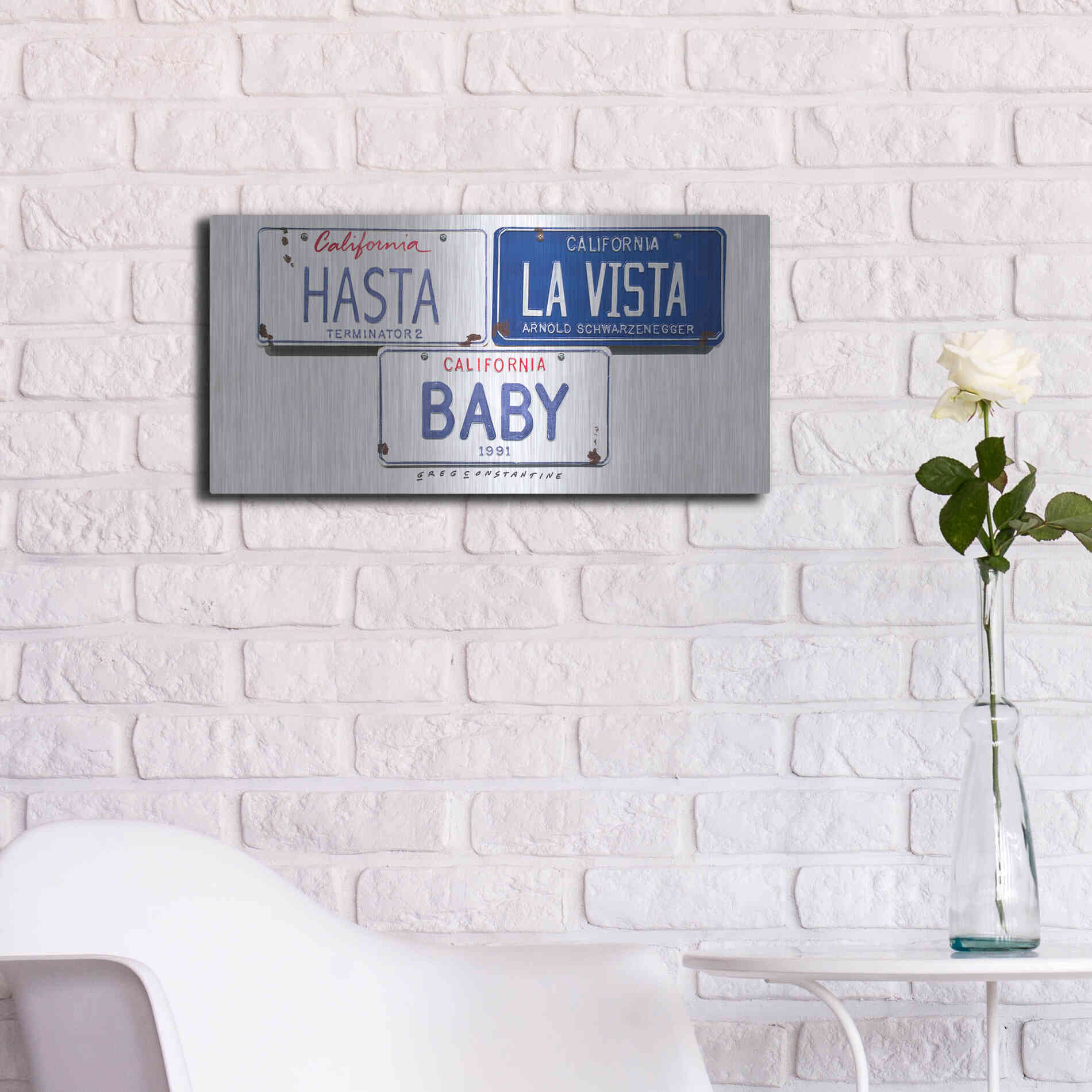 Luxe Metal Art 'Schwarzenneger Hasta La Vista' by Gregory Constantine, Metal Wall Art,24x12