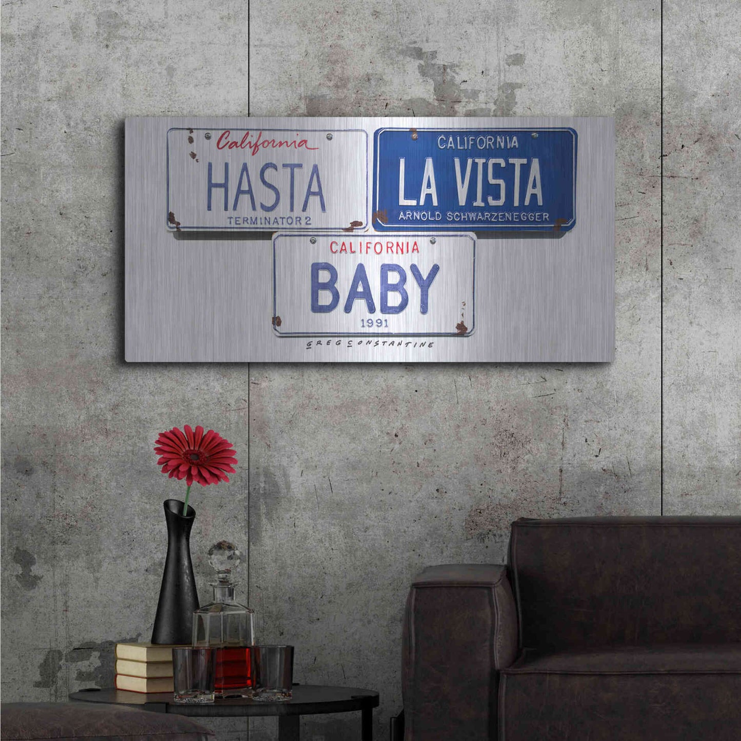 Luxe Metal Art 'Schwarzenneger Hasta La Vista' by Gregory Constantine, Metal Wall Art,48x24