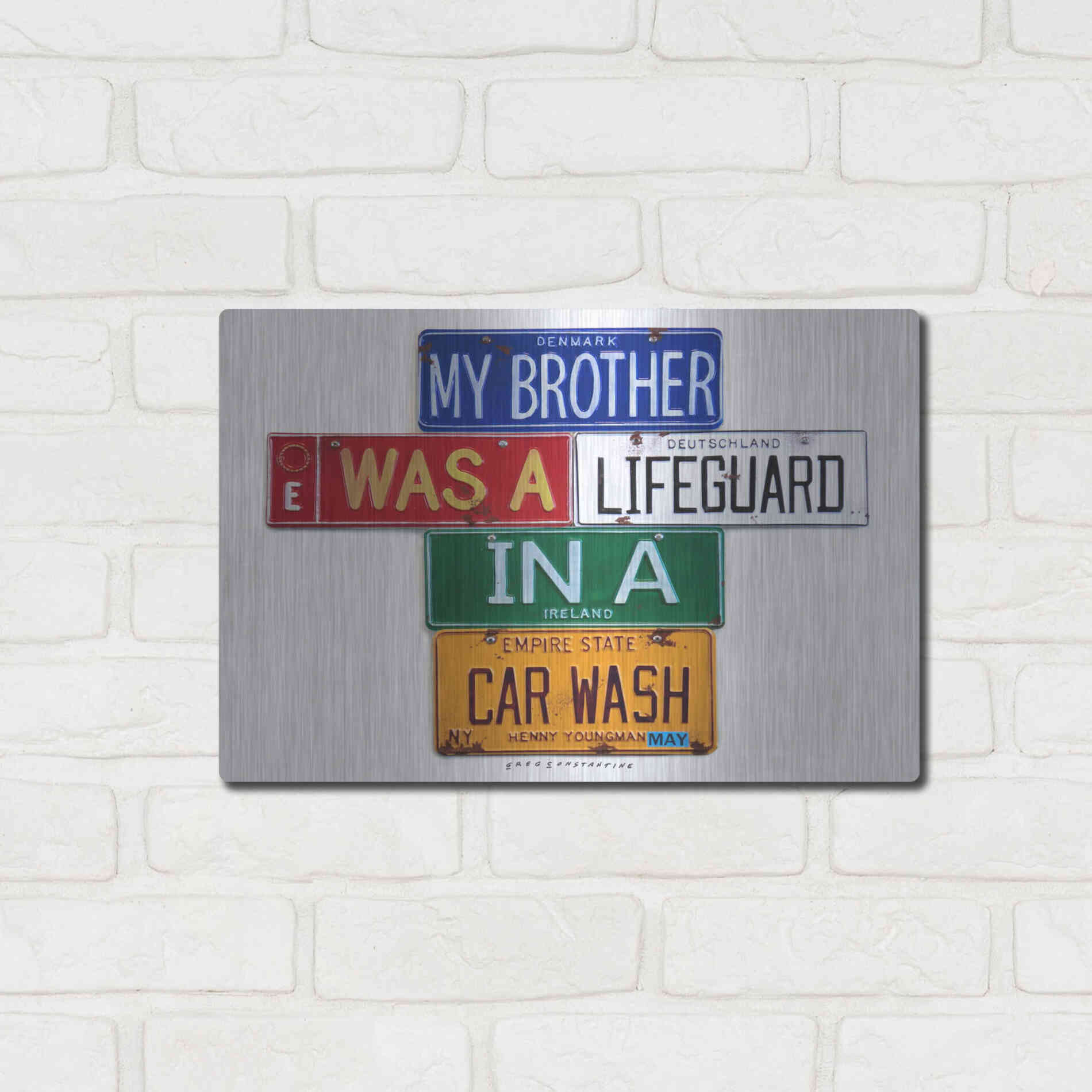 Luxe Metal Art 'Youngman Lifeguard In A Carwash' by Gregory Constantine, Metal Wall Art,16x12