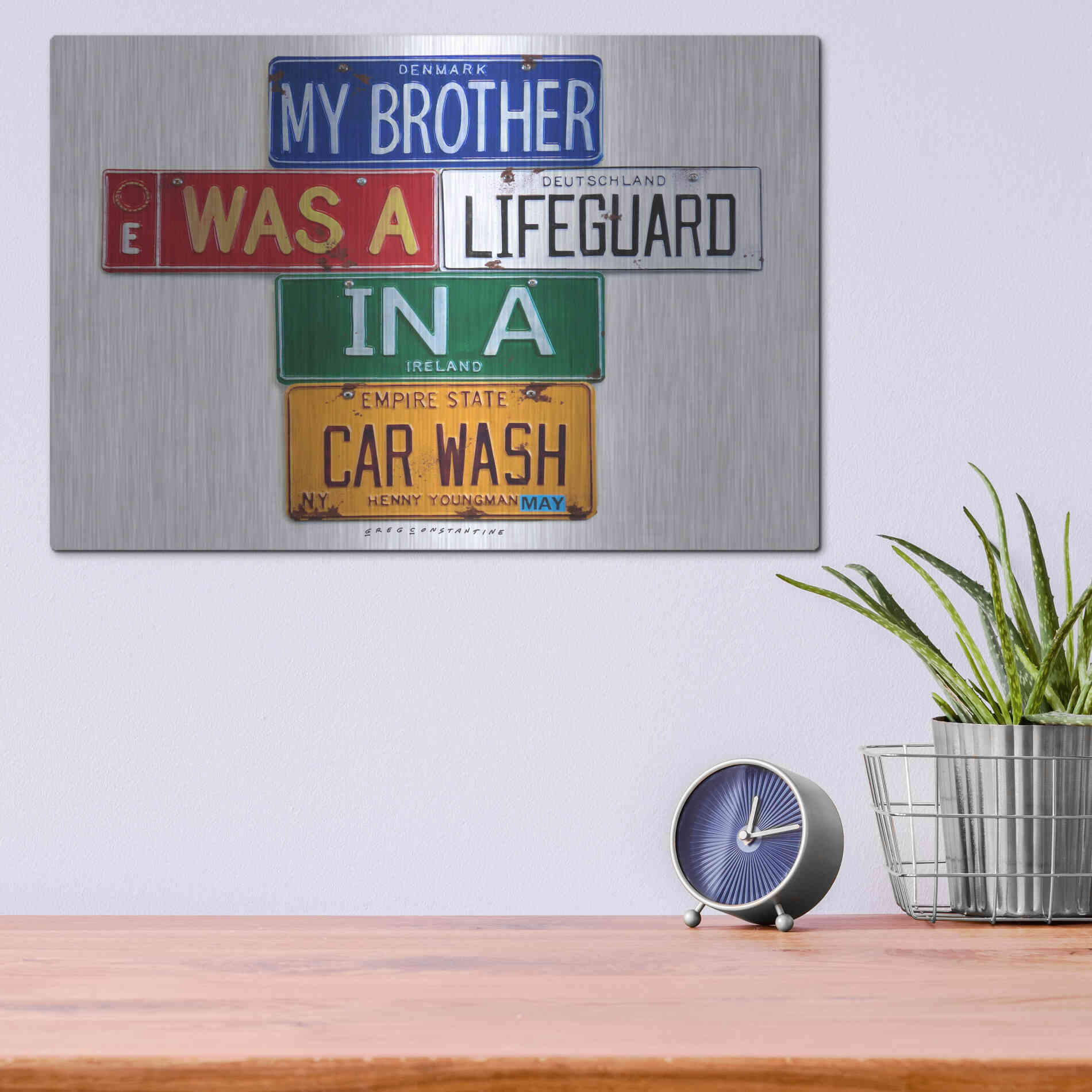 Luxe Metal Art 'Youngman Lifeguard In A Carwash' by Gregory Constantine, Metal Wall Art,16x12