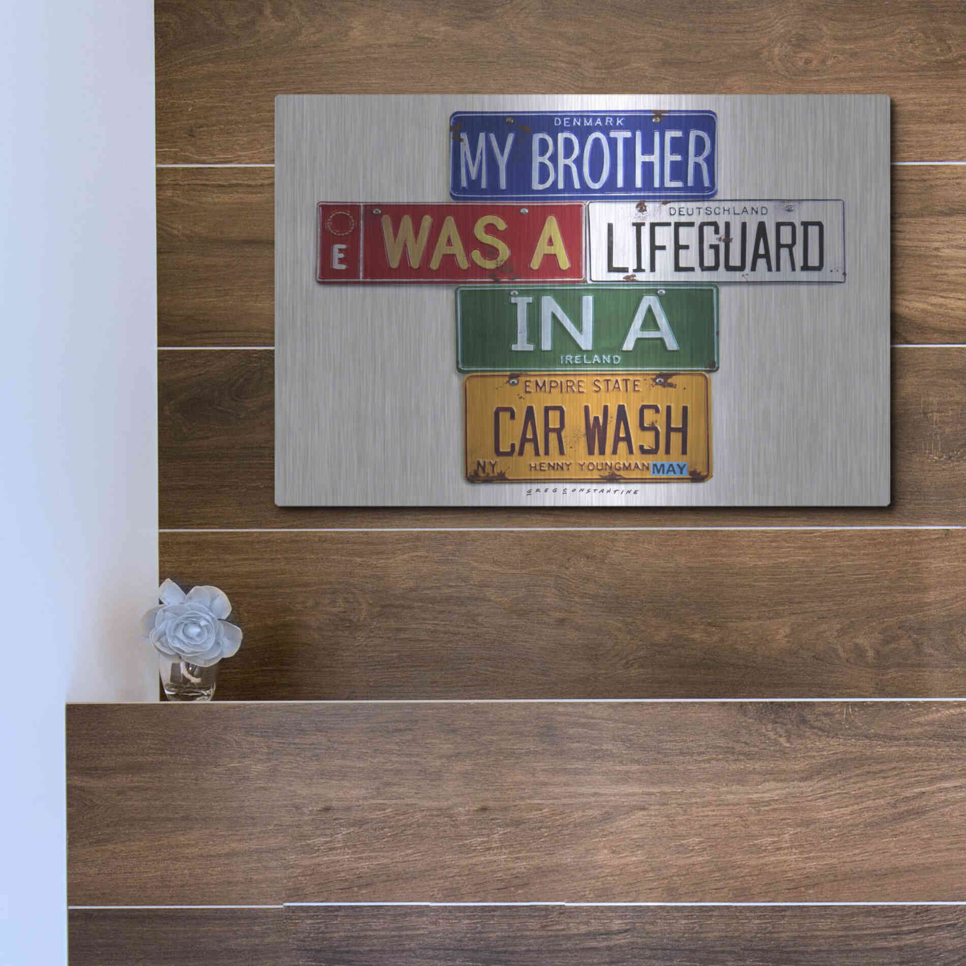 Luxe Metal Art 'Youngman Lifeguard In A Carwash' by Gregory Constantine, Metal Wall Art,16x12