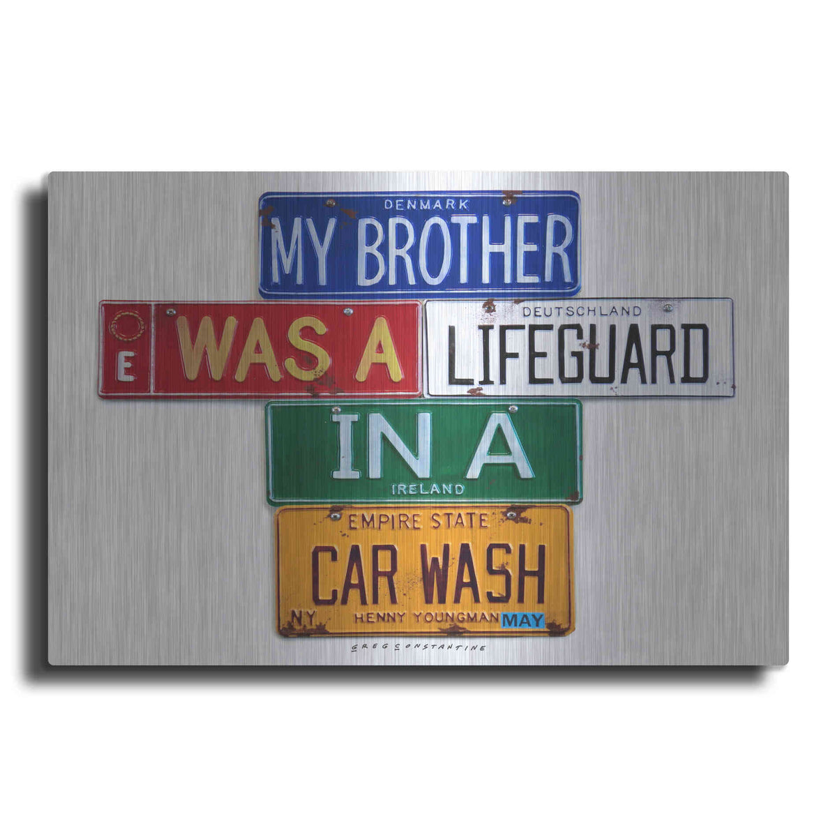 Luxe Metal Art 'Youngman Lifeguard In A Carwash' by Gregory Constantine, Metal Wall Art