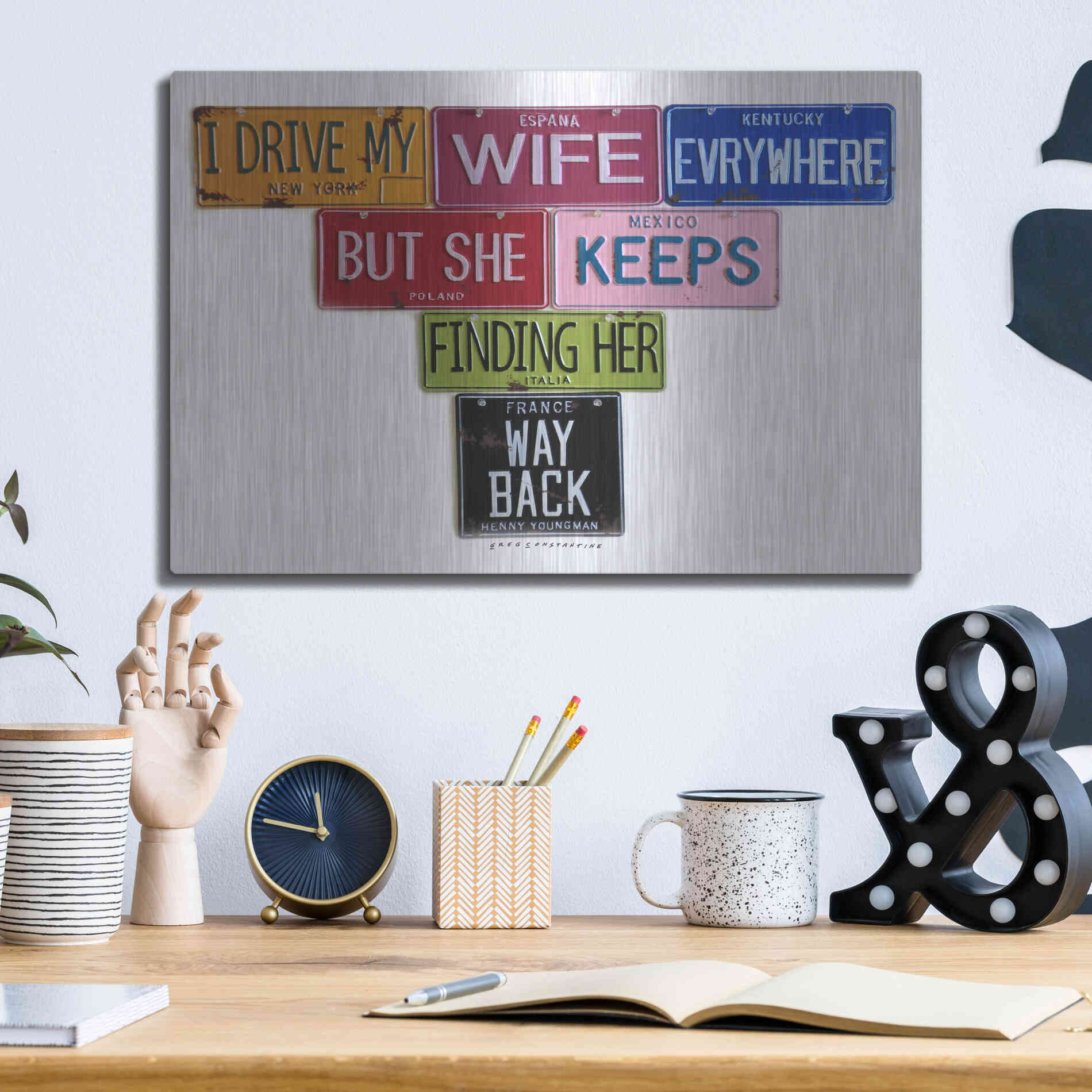 Luxe Metal Art 'Youngman I Drive My Wife' by Gregory Constantine, Metal Wall Art,16x12