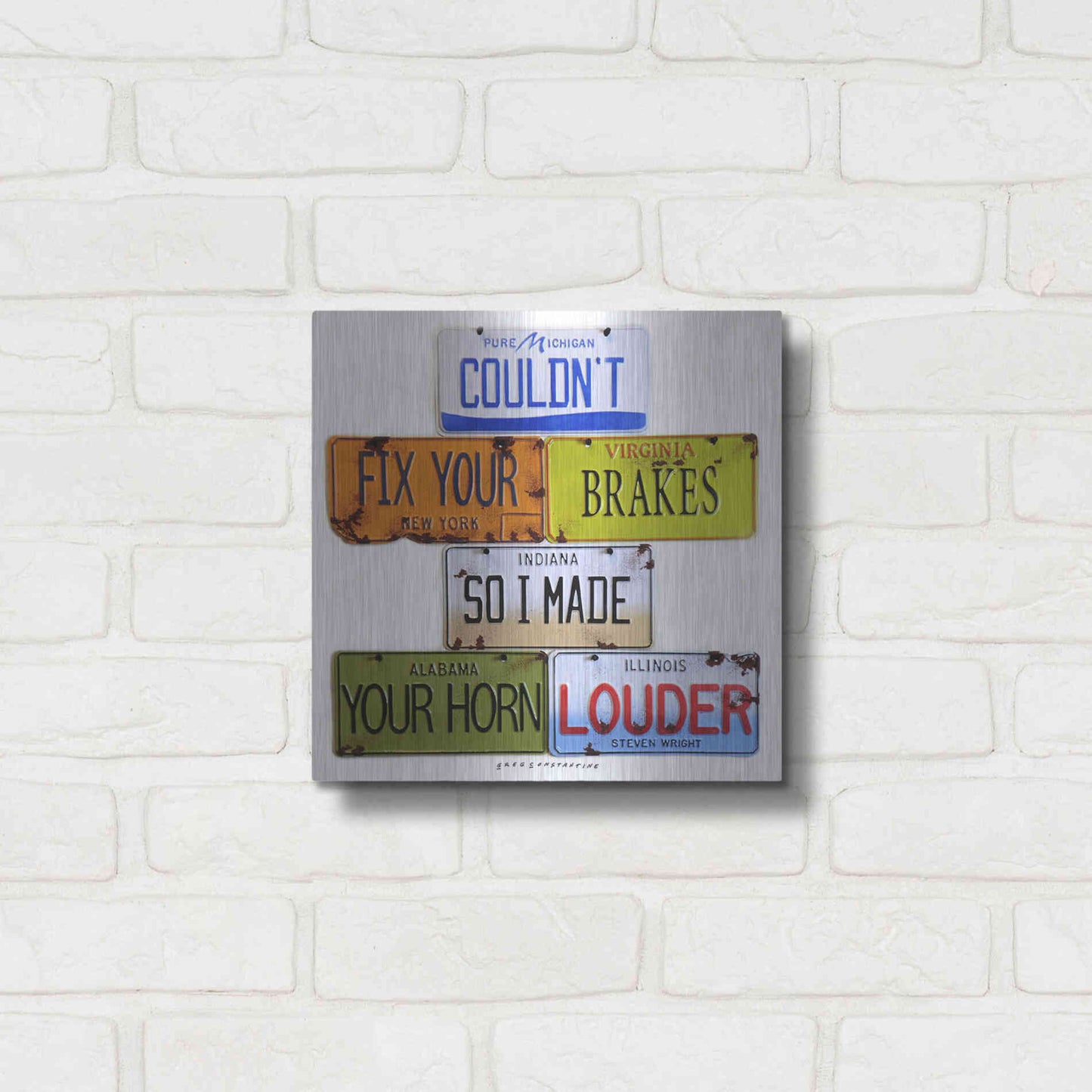 Luxe Metal Art 'Wright Fix Your Brakes' by Gregory Constantine, Metal Wall Art,12x12