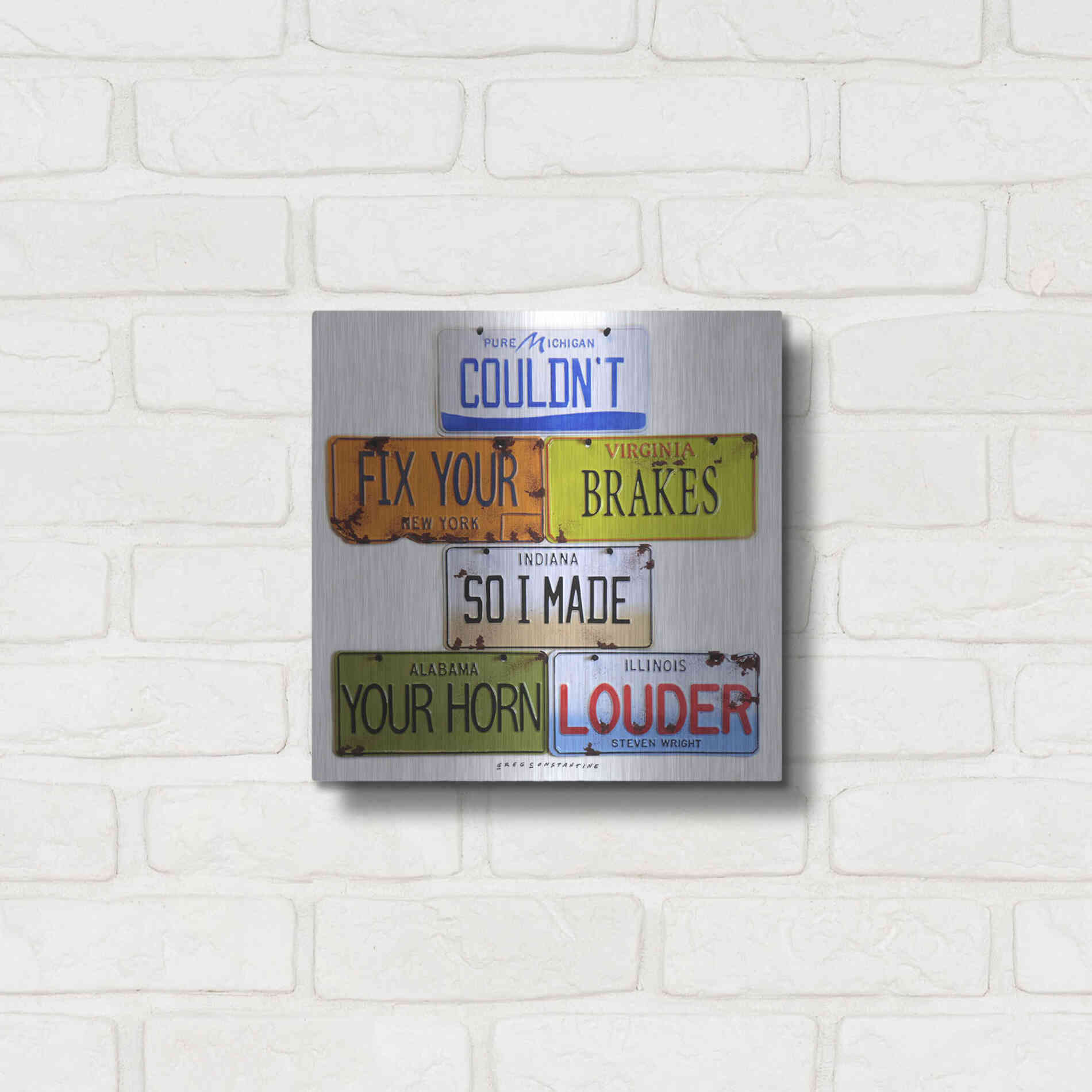 Luxe Metal Art 'Wright Fix Your Brakes' by Gregory Constantine, Metal Wall Art,12x12