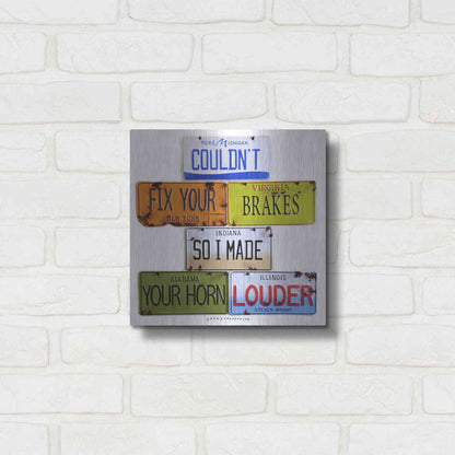 Luxe Metal Art 'Wright Fix Your Brakes' by Gregory Constantine, Metal Wall Art,12x12