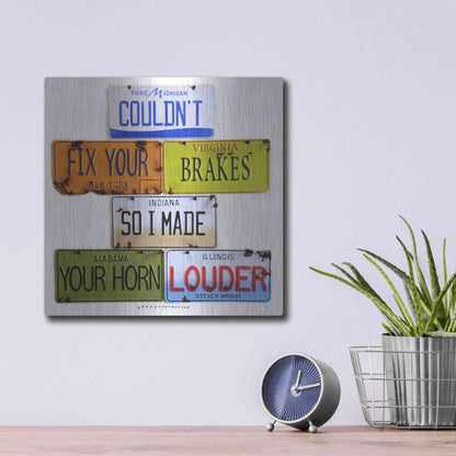 Luxe Metal Art 'Wright Fix Your Brakes' by Gregory Constantine, Metal Wall Art,12x12