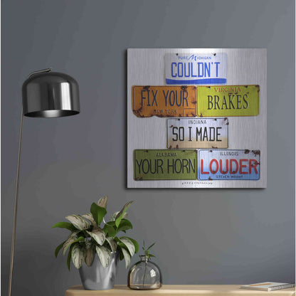 Luxe Metal Art 'Wright Fix Your Brakes' by Gregory Constantine, Metal Wall Art,24x24