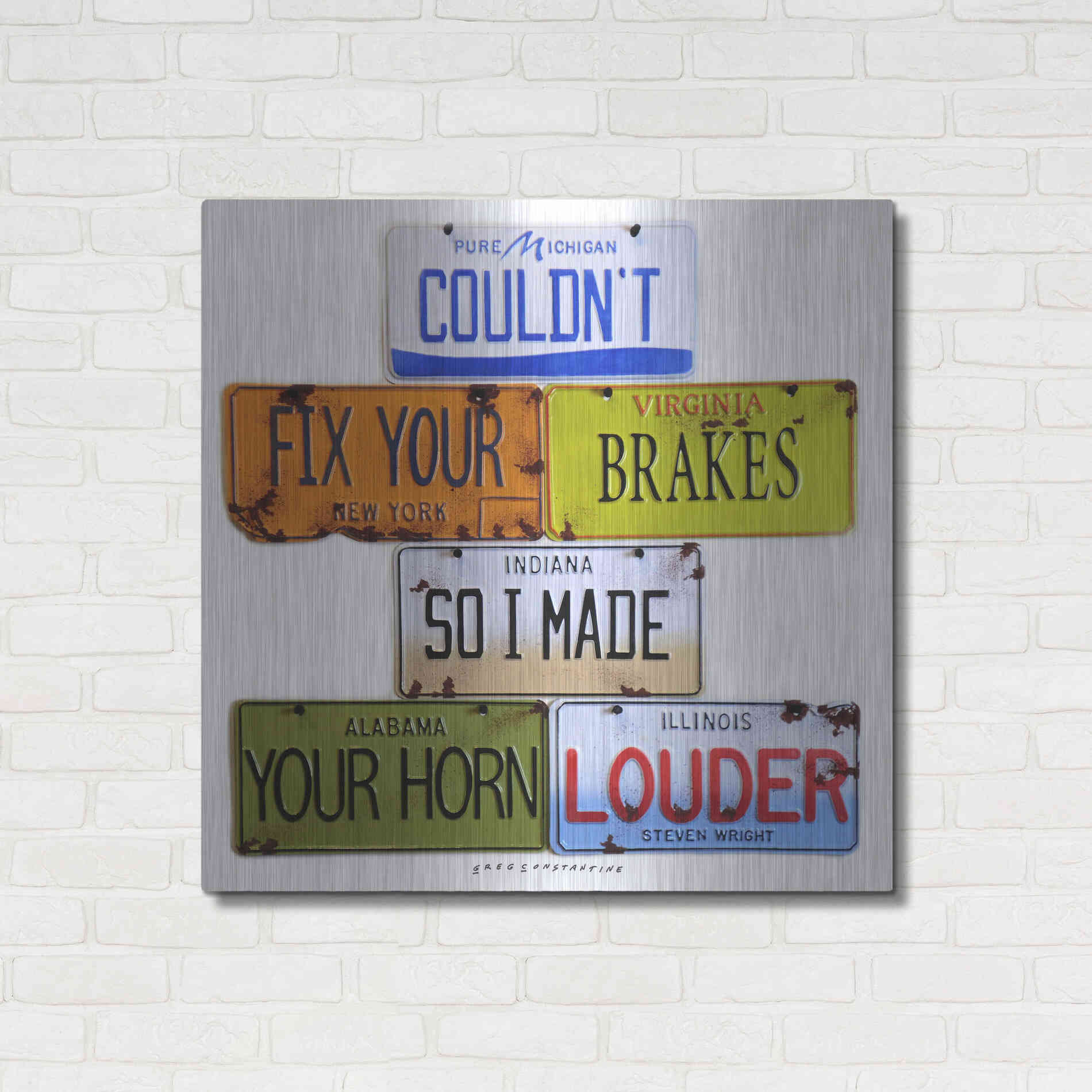 Luxe Metal Art 'Wright Fix Your Brakes' by Gregory Constantine, Metal Wall Art,36x36