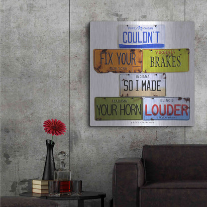 Luxe Metal Art 'Wright Fix Your Brakes' by Gregory Constantine, Metal Wall Art,36x36