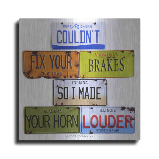 Luxe Metal Art 'Wright Fix Your Brakes' by Gregory Constantine, Metal Wall Art