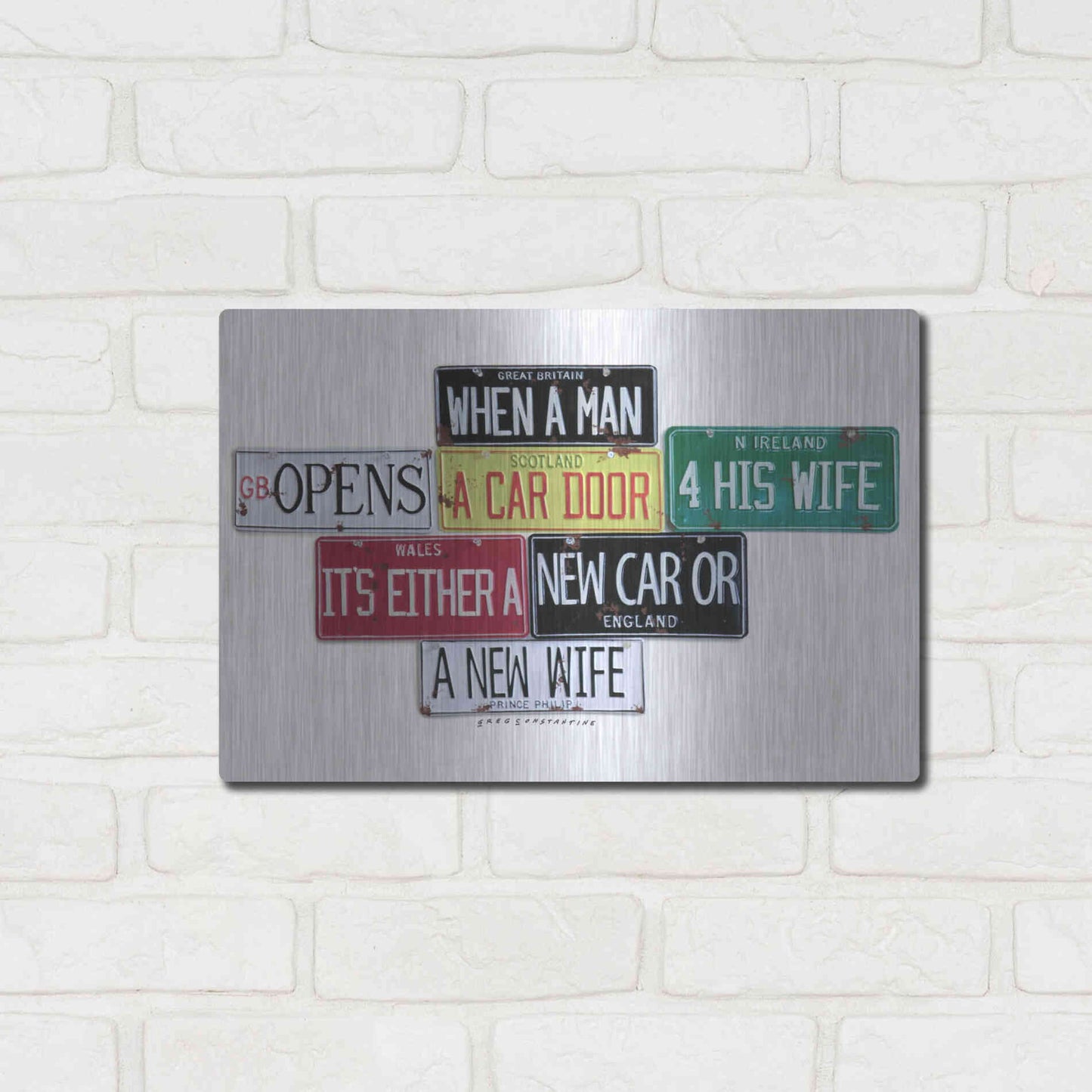 Luxe Metal Art 'Prince Phillip New Car Or New Wife' by Gregory Constantine, Metal Wall Art,16x12