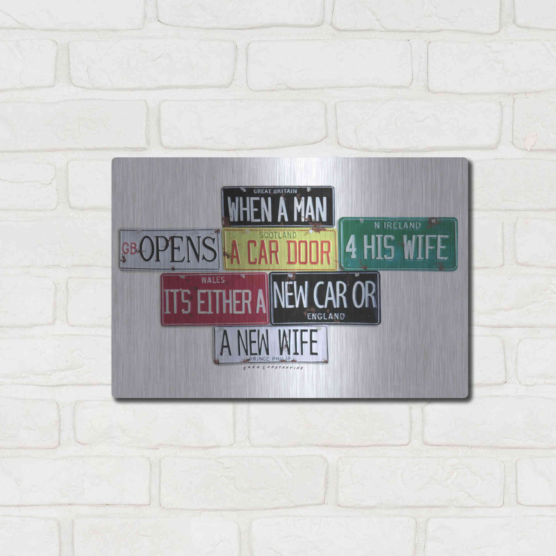 Luxe Metal Art 'Prince Phillip New Car Or New Wife' by Gregory Constantine, Metal Wall Art,16x12