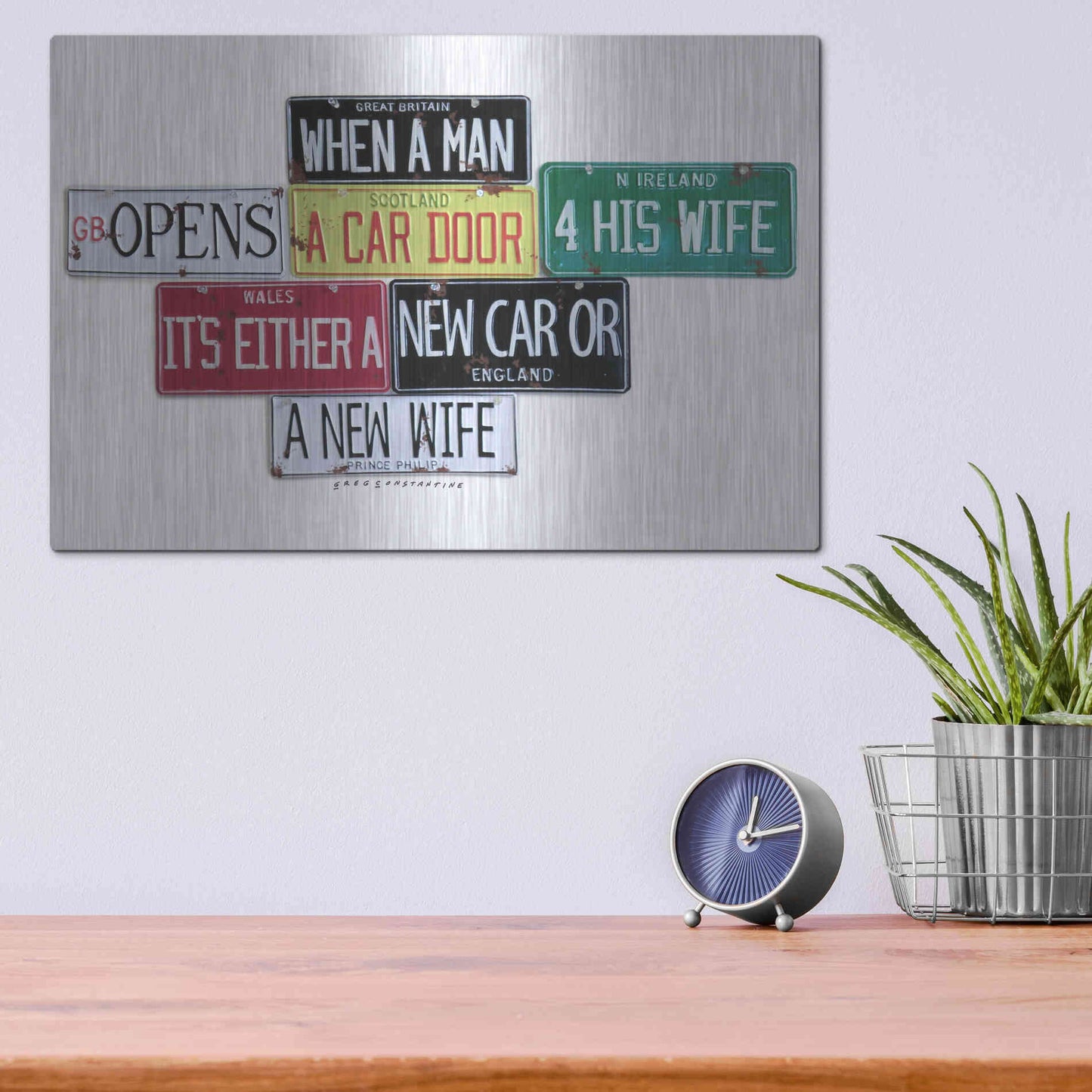Luxe Metal Art 'Prince Phillip New Car Or New Wife' by Gregory Constantine, Metal Wall Art,16x12
