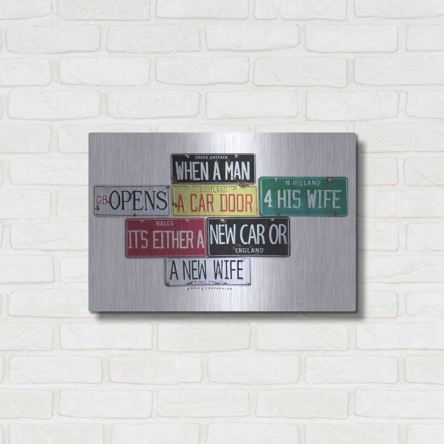 Luxe Metal Art 'Prince Phillip New Car Or New Wife' by Gregory Constantine, Metal Wall Art,24x16