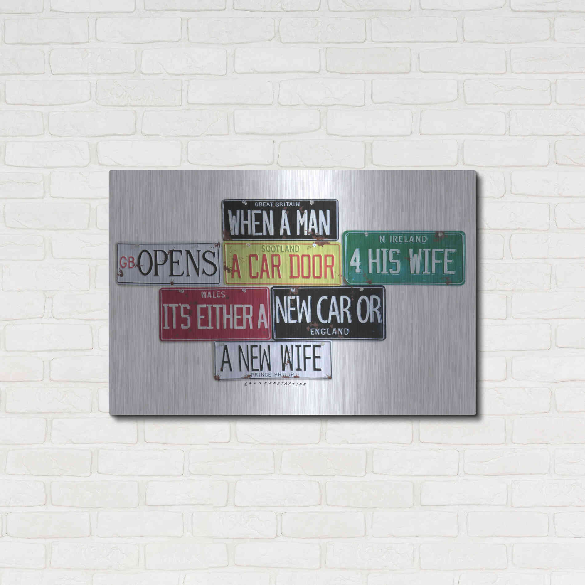 Luxe Metal Art 'Prince Phillip New Car Or New Wife' by Gregory Constantine, Metal Wall Art,36x24