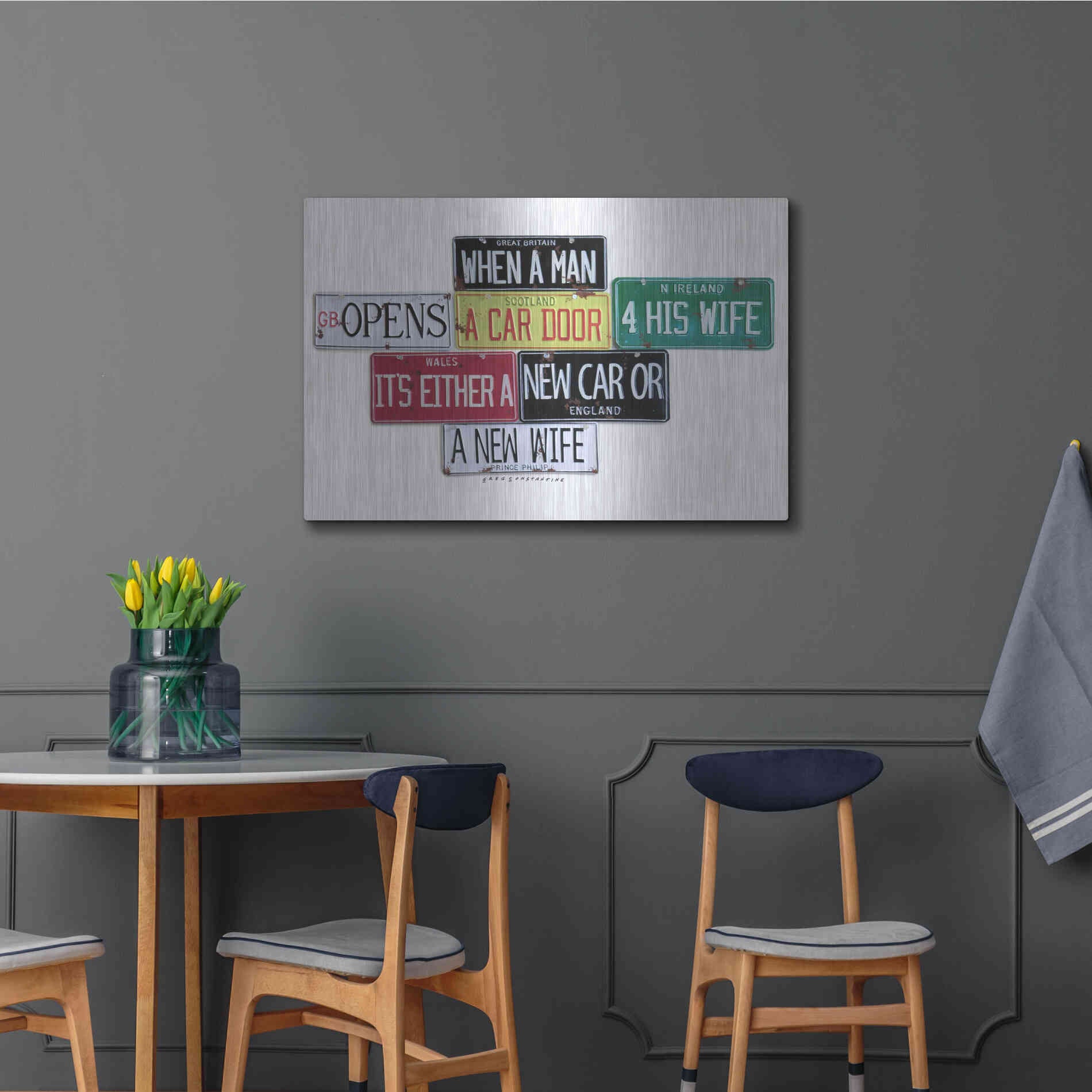 Luxe Metal Art 'Prince Phillip New Car Or New Wife' by Gregory Constantine, Metal Wall Art,36x24