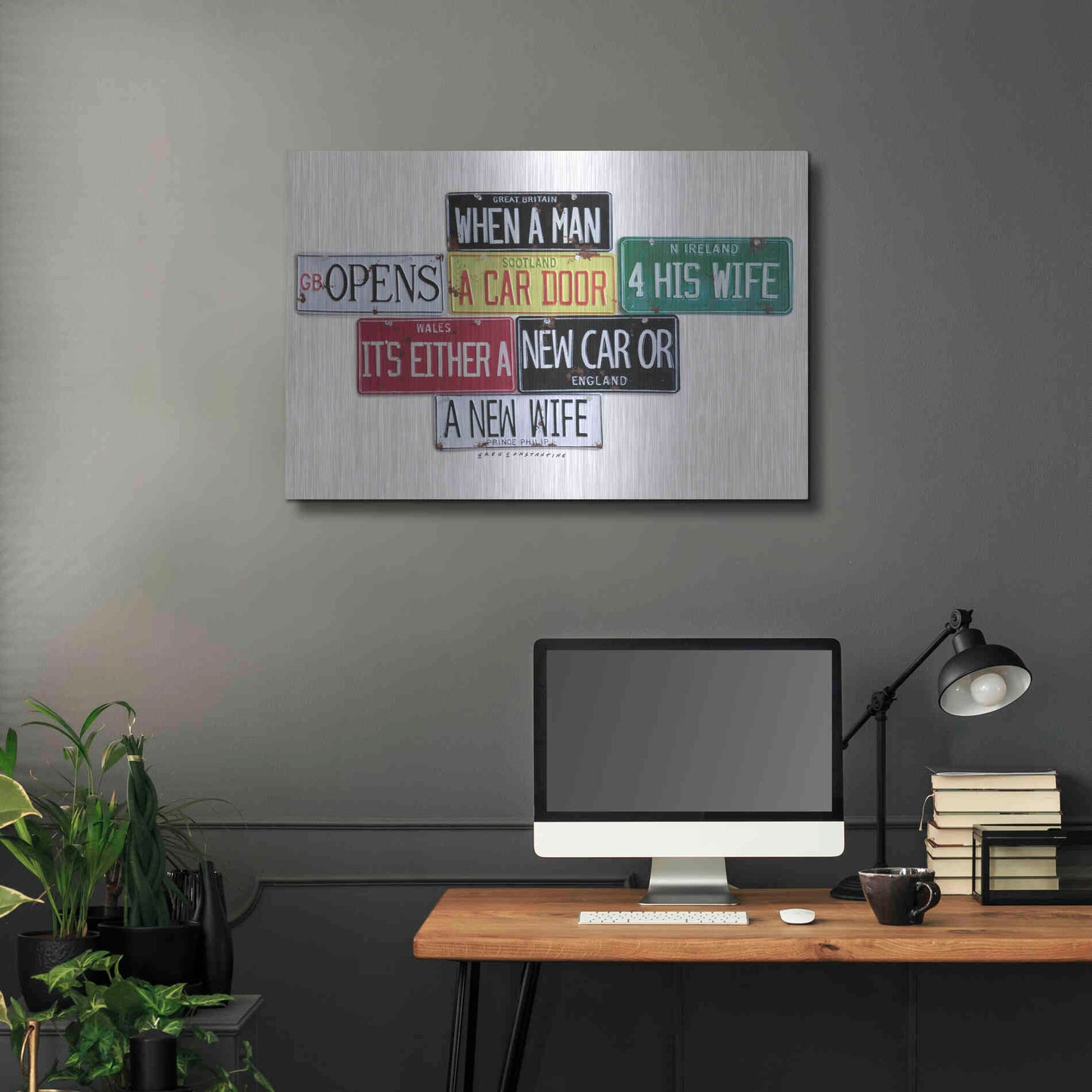 Luxe Metal Art 'Prince Phillip New Car Or New Wife' by Gregory Constantine, Metal Wall Art,36x24