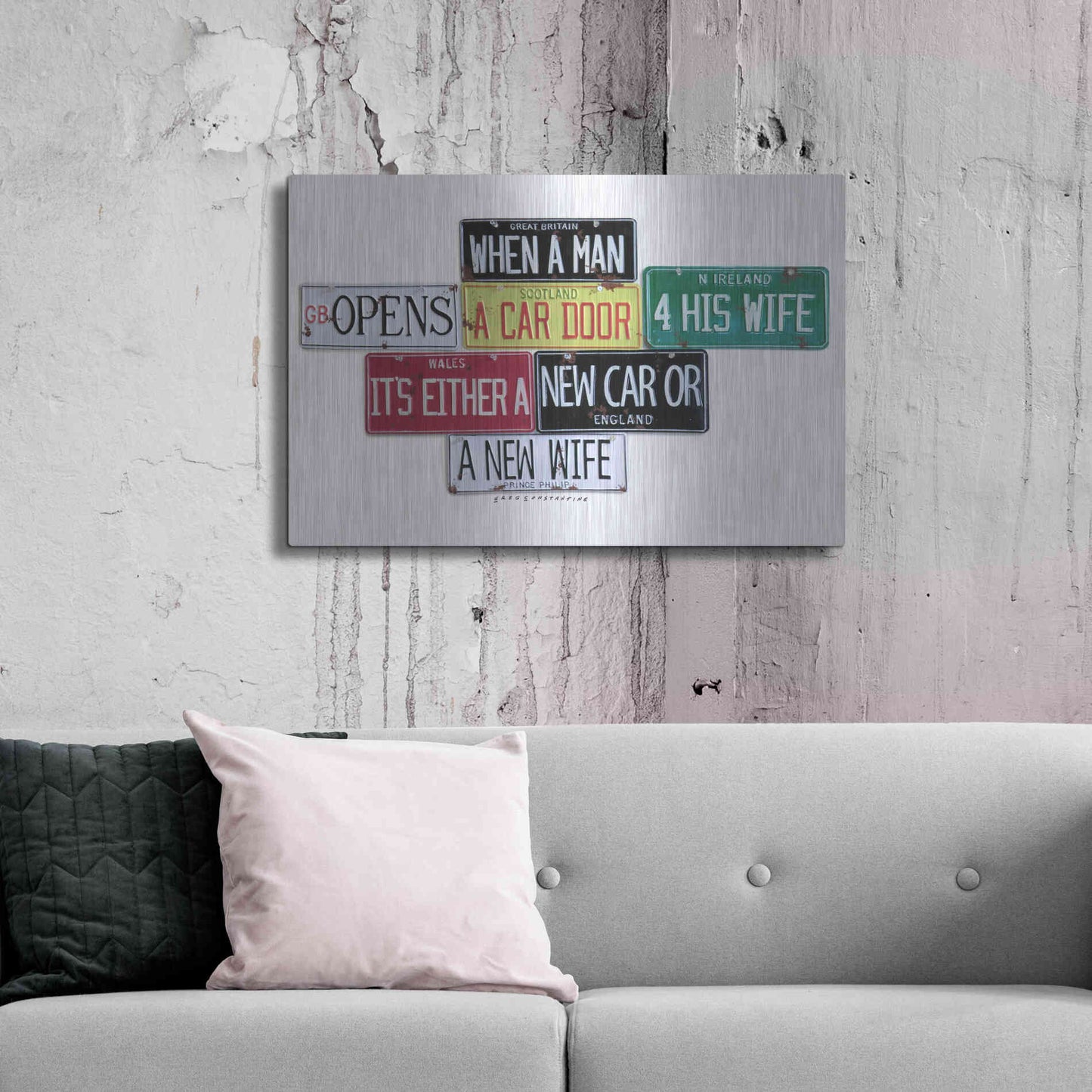 Luxe Metal Art 'Prince Phillip New Car Or New Wife' by Gregory Constantine, Metal Wall Art,36x24