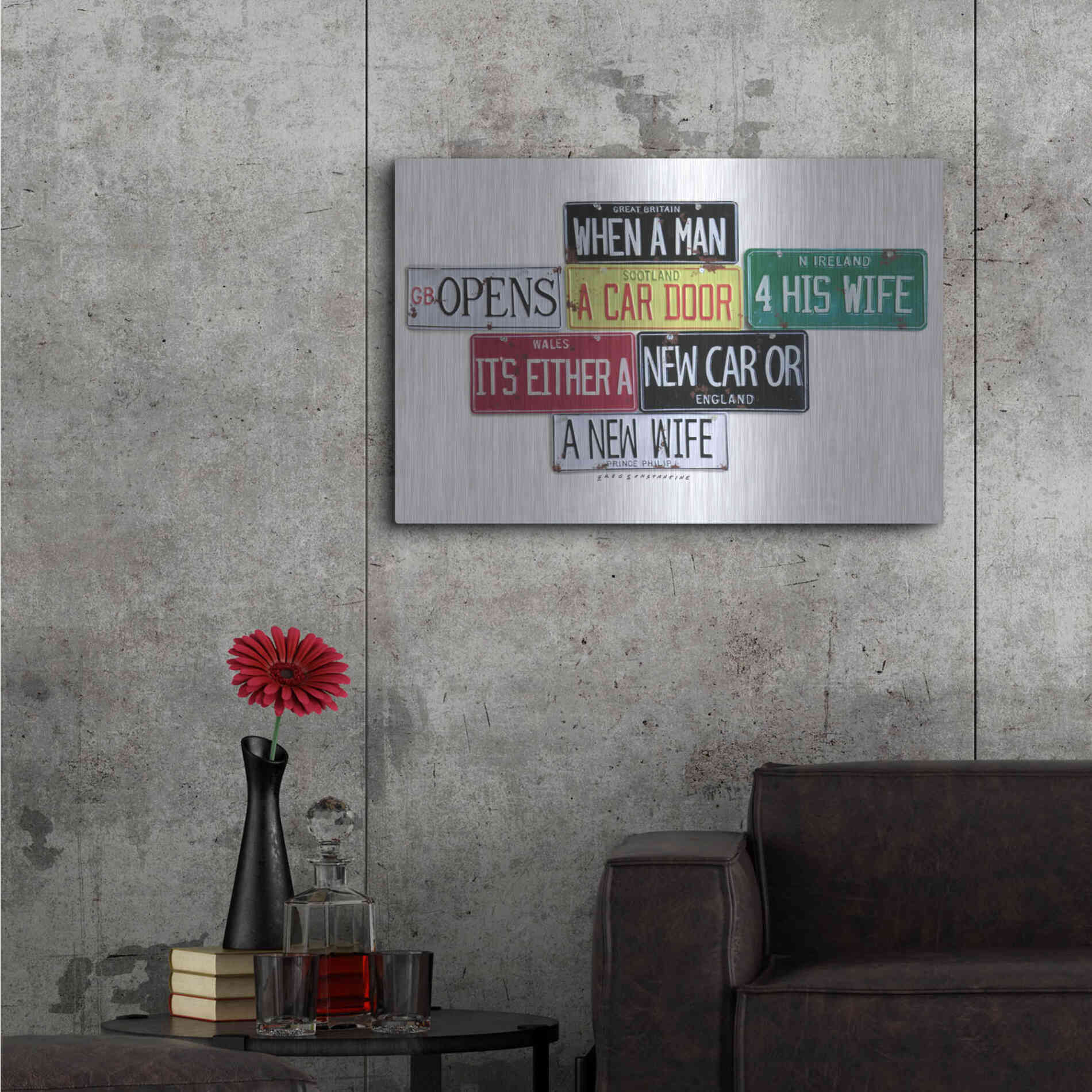 Luxe Metal Art 'Prince Phillip New Car Or New Wife' by Gregory Constantine, Metal Wall Art,36x24